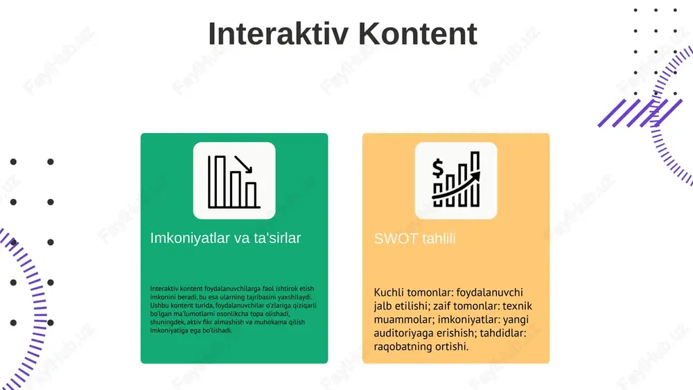ologiyalar, masalan, sun'iy intellekt va big data, kontentni yaratish va tarqatishda inqilobiy o'zgarishlar keltiradi. swot tahlili kuchli tomonlar: yangi texnologiyalar, o'sib borayotgan auditoriya. zaif tomonlar: resurslar cheklanganligi, raqobatning oshishi. imkoniyatlar: global bozor bilan integratsiya, yangi platformalar. tahdidlar: mahalliy va xalqaro raqobat, texnologik o'zgarishlarga moslasha olmaslik. photo by persnickety prints on unsplash innovatsion yondashuvlar media mahsulotlarda innovatsiyalar media mahsulotlari sohasida innovatsion yondashuvlar yangi texnologiyalarni joriy etish orqali raqobatbardoshlikni oshiradi. raqamli media mahsulotlari, masalan, mobil ilovalar va onlayn platformalar, tezkor va keng tarqalgan ma'lumotlar taqdim etadi. o'zbek media bozoridagi misollar o'zbekistonda innovatsion yondashuvlar sifatida, masalan, o'zbekiston milliy telekanallari raqamli platformalarda jonli efir va interaktiv dasturlarni taqdim etmoqda. bu yangiliklar, raqamli media mahsulotlarining afzalliklari sifatida tezkorlik, qulaylik va keng qamrovni taklif etadi. ijtimoiy tarmoqlar va media ijtimoiy tarmoqlar media mahsulotlarga katta ta'sir ko'rsatadi. ular foydalanuvchilar orasida tezkor axborot tarqatish imkonini beradi va yangi media formatlarini yaratishga yordam beradi. ijtimoiy tarmoqlarda kontent yaratish jarayoni …