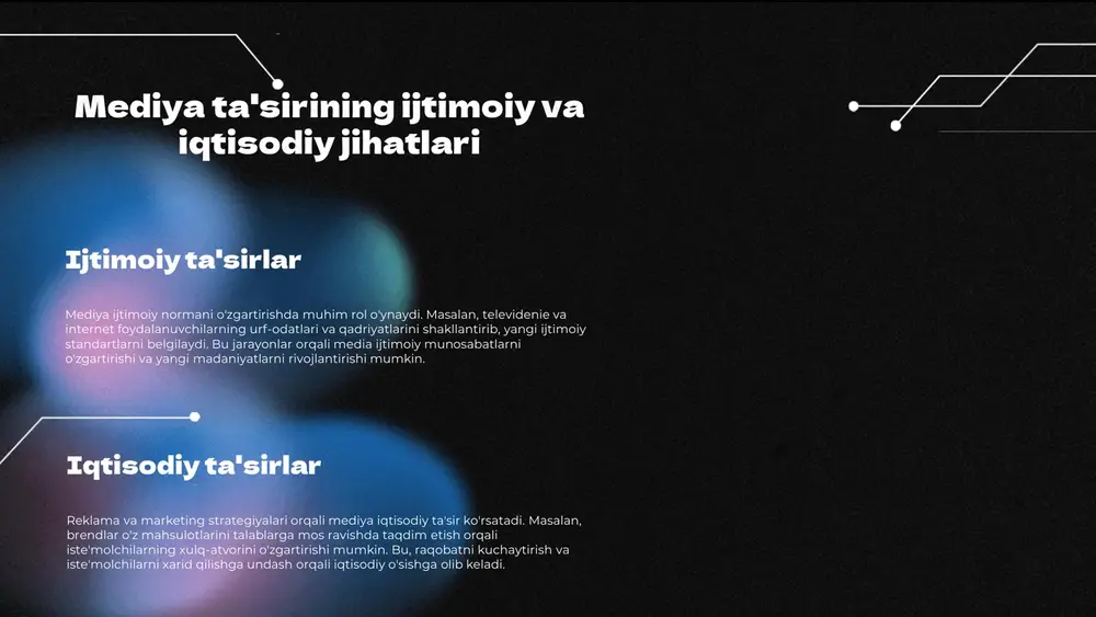 hlar o'rtasidagi bog'lanish mediya ijtimoiy o'zgarishlarni, masalan, gender tengligi va atrof-muhit himoyasi kabi masalalarda qo'llab-quvvatlaydi. ular o'zgarishlarga qarshi chiqishda ham muhim rol o'ynaydi. mediya ta'sirining ijtimoiy muammolarni yoritishi ijtimoiy muammolarni yoritish usullari mediya ijtimoiy muammolarni yoritishda muhim rol o'ynaydi. ommaviy axborot vositalari muammolarni ko'tarib, jamoatchilik fikrini shakllantiradi. ta'sir va javoblar misollari mediya orqali yoritilgan masalalar jamoatchilikni harakatga keltiradi. masalan, korrupsiya va ijtimoiy adolat masalalari odamlarni javob berishga undaydi. mediya va madaniy o'zgarishlar mediya ta'siri va madaniyat mediya zamonaviy madaniyatni shakllantiruvchi kuchdir. madaniyatning zamonaviylashishi zamonaviy madaniyat mediya rivojlanishi bilan bog'liq. misollar orqali bog'lanish social media trendlar zamonaviy madaniyatni yangilaydi. mediya va madaniyat o'rtasidagi munosabat mediya va madaniyat o'rtasidagi munosabat o'zaro ta'sirda. mediya va davlat siyosati davlat siyosati va mediya davlat siyosati va mediya o'rtasidagi o'zaro ta'sir ijtimoiy jarayonlarni shakllantirishda muhim rol o'ynaydi. mediya, davlatning siyosiy maqsadlarini amalga oshirishda va aholining fikrini shakllantirishda asosiy vosita hisoblanadi. o'zgarishlar va siyosiy jarayonlar mediya o'zgarishlar …