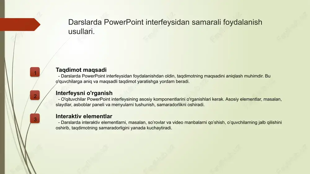 arayonida ijodiy yondashuvlarni qoʻllash. 1 powerpoint va ijodkorlik powerpoint taqdimotlari o‘qituvchilarga ijodkorlikni oshirish uchun innovatsion g‘oyalarni qo‘llash imkoniyatini beradi, bu esa darslarni qiziqarli qiladi. 2 vizual materiallar powerpoint yordamida turli vizual materiallar, masalan, rasmlar, grafikalar va diagrammalarni qo‘shish, taqdimotning qiziqarli va tushunarli bo‘lishini ta'minlaydi. 3 interaktiv elementlar interaktiv elementlar, masalan, savol-javoblar va testlar, powerpoint taqdimotlarida o‘quvchilarning faol ishtirokini oshirishga yordam beradi, ularni yanada jalb qiladi. oʻquvchilarni jalb qilishda powerpoint dizaynining ahamiyati. 1 vizual ta'sir powerpoint dizayni vizual ta'sirni oshiradi, chunki ranglar, grafikalar va animatsiyalar o'quvchilarni jalb qilishda muhim rol o'ynaydi. 2 oson anglash yaxshi dizayn taqdimotning oson anglashilishini ta'minlaydi. oson o'qiladigan shriftlar va toza joylashuv o'quvchilarning diqqatini saqlaydi. 3 interaktiv elementlar interaktiv elementlar, masalan, video va slaydlararo o'tishlar, o'quvchilarning faol ishtirokini ta'minlaydi va taqdimot jarayonini yanada qiziqarli qiladi. ta'limda powerpoint orqali ma'lumotlar taqdimotining samaradorligi. ta'limda powerpoint orqali ma'lumotlar taqdimoti samaradorligi talabalarga taqdimot jarayonida vizual ko'rsatmalar orqali murakkab ma'lumotlarni oson tushunishga …