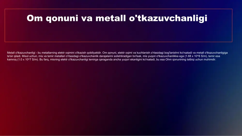 gi sensorlar va boshqa elektron komponentlar ishlab chiqarishda muhim ahamiyatga ega. kelajakdagi tadqiqotlar kelajakdagi tadqiqotlar, yangi materiallar va nanostrukturalar asosida metallar o'tkazuvchanligini yanada yaxshilashga qaratilishi mumkin. shuningdek, o'tkazuvchanlikni oshirish uchun yangi usullar va texnologiyalarni ishlab chiqish ustida tadqiqotlar olib borish rejalashtirilmoqda. bu tadqiqotlar, energiya samaradorligini oshirish va yangi elektron qurilmalarni yaratishga yordam beradi. klassik nazariya va om qonuni klassik nazariyaning asosiy tushunchalari klassik nazariya, metallarning elektr o‘tkazuvchanligini tushuntirishga yordam beruvchi asosiy tushunchalar to‘plamini o‘z ichiga oladi. u elektronlarning harakati va ularning o‘zaro ta'sirini o‘rganadi, bu esa materiallarning elektr xususiyatlarini belgilaydi. elektr o‘tkazuvchanlikka ta'siri om qonuni, elektr zanjiridagi kuchlanish, oqim va qarshilik o'rtasidagi bog'lanishni ifodalaydi. u formulada v = i * r ko‘rinishida ifodalanadi, bunda v - kuchlanish, i - oqim, r - qarshilik. om qonunining kelib chiqishi klassik nazariyaga ko‘ra, ohm qonuni elektr o‘tkazuvchanlikni tushuntirishda muhim rol o'ynaydi. u elektronlarning harakati va energiya almashinuvi orqali oqimning qanday shakllanishini ko‘rsatadi. klassik …
