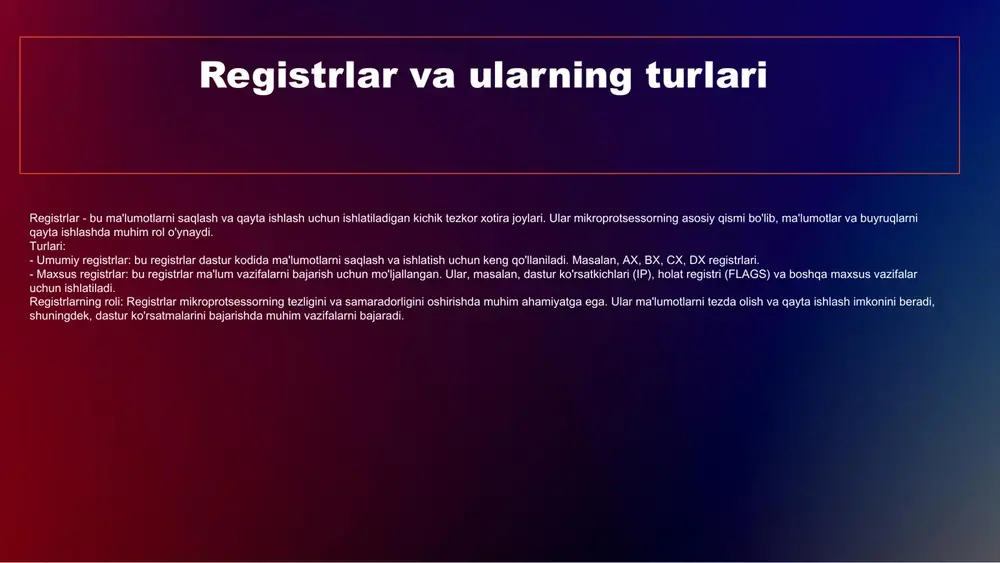 larni qo'llaydi, bu esa dastur bajarilishida vaqtni oshiradi. 2. kichik tezlik: murakkab buyruqlar ko'proq vaqt talab qiladi, bu esa tizimning tezligini pasaytiradi. 3. resurslardan samarali foydalanmaslik: katta buyruq to'plami resurslarni isrof qiladi. ushbu kamchiliklardan qochish uchun risc arxitekturasini qo'llash, buyruq to'plamini soddalashtirish va optimallashtirilgan kod yozish tavsiya etiladi. photo by altumcode on unsplash kelajakda mikroprotsessor texnologiyalaridagi tendensiyalar quvvat sarfini kamaytirish mikroprotsessor texnologiyalarida quvvat sarfini kamaytirish muhim yo'nalishlardan biridir. bu, energiya tejash va issiqlikni kamaytirish orqali ishlash samaradorligini oshirishga yordam beradi. masalan, yangi ishlab chiqilgan mikroprotsessorlar 7nm va 5nm texnologiyalari yordamida ishlab chiqilmoqda. tezlikni oshirish tezlikni oshirish uchun mikroprotsessorlar arxitekturasida parallel hisoblash va ko'p yadroli tizimlarga o'tish amalga oshirilmoqda. bu, bir vaqtning o'zida ko'proq vazifalarni bajarishga imkon beradi va foydalanuvchi tajribasini yaxshilaydi. misol uchun, so'nggi avlod protsessorlar 16 va 32 yadroli variantlarda mavjud. ko'proq integratsiya qilish ko'proq integratsiya qilish mikroprotsessorlar va boshqa komponentlar o'rtasida aloqa tezligini oshiradi. bu, sizga kuchli va …