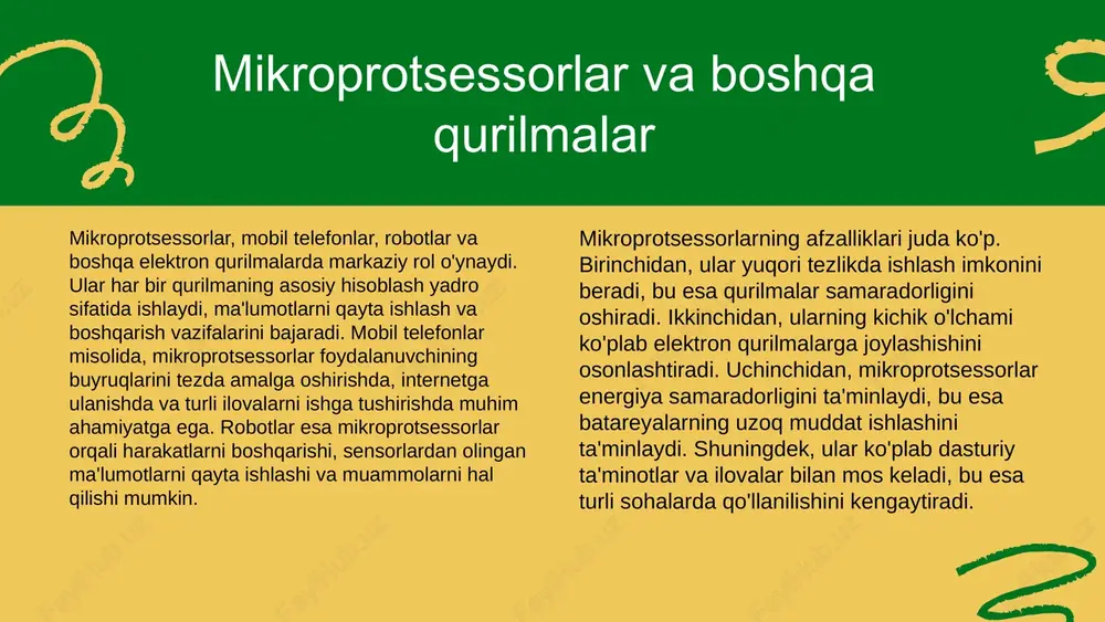 essorli tizimlar rivojlanishi ba'zi muammolarni ham keltirib chiqaradi: - xavfsizlik: mikroprotsessorlar xakerlik hujumlariga nisbatan zaif bo'lishi mumkin. - energiya iste'moli: tezkor tizimlar ko'proq energiya talab qiladi. - o'zaro muvofiqlik: turli tizimlar o'rtasida bog'lanish muammolari mavjud. ushbu muammolarni hal qilish uchun ilg'or shifokorlik va xavfsizlik protokollarini joriy qilish, energiya samaradorligini oshirish va standartlashtirishni amalga oshirish talab etiladi. photo by jeswin thomas on unsplash mikroprotsessorli tizimlar: kirish mikroprotsessorli tizimlar zamonaviy texnologiyalarning ajralmas qismi hisoblanadi. ular ko'plab qurilmalar va tizimlar uchun asosiy boshqaruv bloklari sifatida ishlatiladi. mikroprotsessorlar ma'lumotlarni qayta ishlash, boshqarish va nazorat qilish vazifalarini bajaradi. o'zbekistonda mikroprotsessorli tizimlar rivojlanishi so'nggi yillarda sezilarli darajada o'sdi, bu esa mamlakatning raqamli iqtisodiyotini rivojlantirishga yordam bermoqda. o'zbekistonda yangi texnologiyalar va innovatsiyalarni joriy etish orqali mikroprotsessorli tizimlarning imkoniyatlari kengaymoqda. qo'llanish sohalari sanoat mikroprotsessorli tizimlar sanoatda avtomatlashtirish va jarayonlarni optimallashtirish uchun keng qo'llaniladi. masalan, ishlab chiqarish liniyalaridagi robotlar va sensorlar yordamida mahsulot sifatini oshirish va ishlab chiqarish samaradorligini …