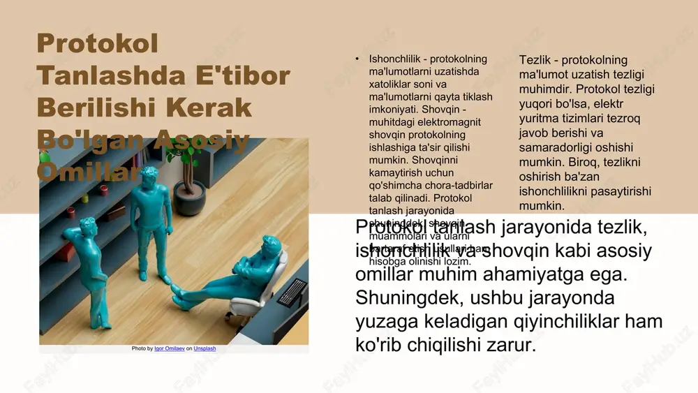 rat bo'lib, ma'lumotni tez va ishonchli almashinishini ta'minlaydi. ma'lumotlar uzatish usullari esa samarali ishlashni ta'minlashda muhim rol o'ynaydi. axborot almashinuvi turlari sinxron axborot almashinuvi sinxron axborot almashinuvi, mikroprotsessorli tizimlarda ma'lumotlarni uzatishda bir vaqtning o'zida bir nechta qurilmalar o'rtasida ma'lumot almashishni ta'minlaydi. masalan, mikroprotsessorlar bilan bog'langan sensorlar va aktuatorlar o'rtasida sinxron ma'lumot almashinuvi real vaqt rejimida amalga oshiriladi, bu esa tizimning samaradorligini oshiradi. asinxron axborot almashinuvi asinxron axborot almashinuvi esa ma'lumotlarni uzatishda vaqtga bog'liq bo'lmagan usulni anglatadi. misol uchun, mikroprotsessorli tizimlarda uart (universal asynchronous receiver-transmitter) protokoli asinxron ma'lumot almashinuvi uchun keng qo'llaniladi. bu usul ma'lumotlarni uzatishda qulaylik va moslashuvchanlikni ta'minlaydi, chunki uzatilayotgan ma'lumotlar orasida vaqtni talab qilmaydi. photo by daniel korpai on unsplash photo by lala azizli on unsplash mikroprotsessorli tizimlar qo'llanilishi mikroprotsessorli tizimlar turli sohalarda keng qo'llaniladi, jumladan avtomobillar, sanoat va uy jihozlarida. avtomobillarda mikroprotsessorlar motorni boshqarish, xavfsizlik tizimlari va infotainment tizimlarida ishlatiladi. sanoat sohasida esa, ularni ishlab chiqarish jarayonlarini …