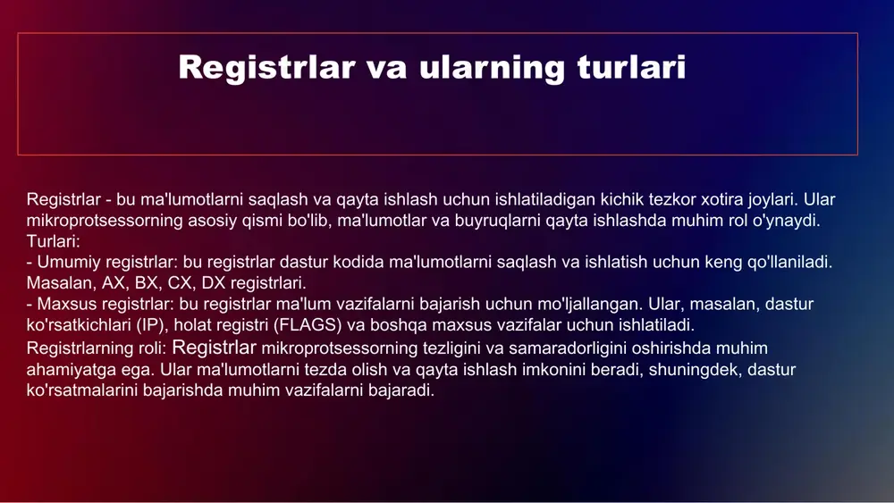 buyruqlarni qo'llaydi, bu esa dastur bajarilishida vaqtni oshiradi. 2. kichik tezlik: murakkab buyruqlar ko'proq vaqt talab qiladi, bu esa tizimning tezligini pasaytiradi. 3. resurslardan samarali foydalanmaslik: katta buyruq to'plami resurslarni isrof qiladi. ushbu kamchiliklardan qochish uchun risc arxitekturasini qo'llash, buyruq to'plamini soddalashtirish va optimallashtirilgan kod yozish tavsiya etiladi. kelajakda mikroprotsessor texnologiyalaridagi tendensiyalar quvvat sarfini kamaytirish mikroprotsessor texnologiyalarida quvvat sarfini kamaytirish muhim yo'nalishlardan biridir. bu, energiya tejash va issiqlikni kamaytirish orqali ishlash samaradorligini oshirishga yordam beradi. masalan, yangi ishlab chiqilgan mikroprotsessorlar 7nm va 5nm texnologiyalari yordamida ishlab chiqilmoqda. tezlikni oshirish tezlikni oshirish uchun mikroprotsessorlar arxitekturasida parallel hisoblash va ko'p yadroli tizimlarga o'tish amalga oshirilmoqda. bu, bir vaqtning o'zida ko'proq vazifalarni bajarishga imkon beradi va foydalanuvchi tajribasini yaxshilaydi. misol uchun, so'nggi avlod protsessorlar 16 va 32 yadroli variantlarda mavjud. ko'proq integratsiya qilish ko'proq integratsiya qilish mikroprotsessorlar va boshqa komponentlar o'rtasida aloqa tezligini oshiradi. bu, sizga kuchli va samarali tizimlarni yaratishga imkon beradi. …
