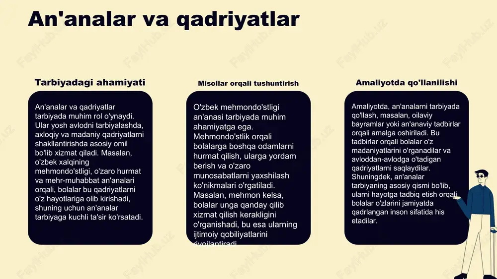 rtlarga moslashayotgan bo'lsa-da, mahalliy an'analarga e'tibor berilmasligi natijasida o'quvchilar o'z madaniyatlarini qabul qilishda qiyinchilikka duch kelishadi. e'tibor beriladigan asosiy yo'nalishlar milliy tarbiyani rivojlantirishda e'tibor berilishi kerak bo'lgan asosiy yo'nalishlar quyidagilar: 1. ta'lim: ta'lim tizimini takomillashtirish, o'quv dasturlarini zamonaviylashtirish va o'qituvchilar malakasini oshirish orqali ta'lim sifatini yaxshilash zarur. 2. madaniyat: milliy madaniyatni saqlab qolish, mahalliy an'analarni targ'ib qilish va zamonaviy san'atni rivojlantirish orqali madaniyatni mustahkamlash lozim. 3. hayot tarzi: sog'lom turmush tarzini targ'ib qilish, jismoniy faoliyatni oshirish va ekologik toza muhit yaratishga qaratilgan chora-tadbirlar muhim ahamiyatga ega. yechimlar va takliflar yechimlar milliy tarbiyaning muammolarini hal qilish uchun bir qator yechimlar taklif etiladi. birinchi navbatda, ta'lim tizimini takomillashtirish va milliy qadriyatlarni o'rgatishga qaratilgan dasturlarni joriy etish zarur. bu dasturlar, bolalar va yoshlarni madaniyatimiz va an'analarimiz bilan tanishtirish orqali ularning o'zligini rivojlantiradi. takliflar misol sifatida, o'quv jarayonida milliy o'yinlarni va san'atni kiritish, o'quvchilarga o'z madaniyatini chuqur o'rganishga yordam beradi. shuningdek, jamoat tadbirlarida ishtirok …