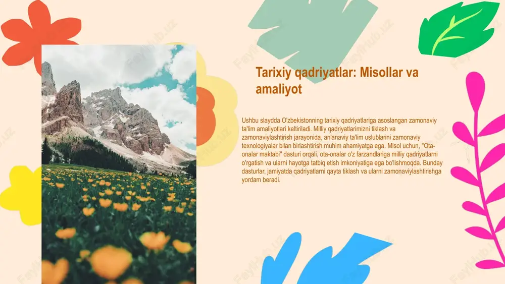 yangi metodlarga nisbatan munosabatlari, milliy qadriyatlar bilan bog'liq ravishda, ta'lim sifatiga ijobiy ta'sir ko'rsatadi. o'qituvchilar zamonaviy usullarni qo'llagan holda, o'quvchilarning o'ziga xos xususiyatlarini inobatga olgan holda ta'lim berishadi. o'qituvchilarni tayyorlash 01 02 03 milliy qadriyatlar va zamonaviylik milliy qadriyatlarni saqlab qolish va zamonaviy pedagogik usullarga moslashishni ta'minlash muhimdir. bu ikki jihat o'rtasidagi muvozanatni saqlash uchun an'anaviy qadriyatlar va zamonaviy talablar o'rtasida o'zaro aloqani o'rnatish zarur. muvozanat milliy qadriyatlarni saqlab qolish zamonaviy ta'lim tizimida muhim o'rin tutadi. yangi pedagogik usullar milliy qadriyatlar bilan birgalikda qo'llanilganda, talabalarning o'z madaniyatiga nisbatan hurmatini oshiradi. masalalar milliy qadriyatlarni zamonaviylashtirish jarayonida bir qator muammolar mavjud. bular orasida an'anaviy qadriyatlarning zamonaviy talablarga mos kelmasligi va ta'lim tizimida milliy elementlarning yetishmasligi muhimdir. yechimlar muammolarni hal etish uchun ta'lim dasturlarida milliy qadriyatlarni integratsiyalash, o'qituvchilarni tayyorlash va zamonaviy metodlarni qo'llash zarur. shuningdek, milliy merosni o'rganish va targ'ib qilish uchun innovatsion yondashuvlar ishlab chiqilishi kerak. ota-onalar va jamiyat milliy tarbiyaviy qadriyatlarni …