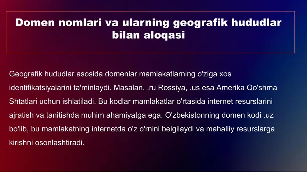 matlar taqdim etiladi. texnologiyalar va innovatsiyalar texnologiyalar va innovatsiyalar ochiq tarmoq hududlarining sifatini yaxshilashga katta ta'sir ko'rsatadi. sun'iy intellekt va ma'lumotlar analitikasi bu jarayonni tezlashtiradi. ushbu innovatsiyalar foydalanuvchi tajribasini oshirib, xizmatlar sifatini yaxshilaydi. jamiyatga ta'siri ochiq tarmoq hududlari jamiyatga ijtimoiy va iqtisodiy jihatdan katta ta'sir ko'rsatadi. ular yangi ish o'rinlari yaratish va ta'lim sohasida imkoniyatlarni oshirishda muhim rol o'ynaydi. axborot va bilimlar almashinuvi, jamiyatning rivojlanishiga yordam berish bilan birga, ijtimoiy tenglikni ta'minlaydi. mamlakatlar bo'yicha domenlar tahlili cctld haqida umumiy ma'lumotlar mamlakatlarga xos domen nomlari (cctld) har bir mamlakat uchun mo'ljallangan. masalan, o'zbekiston uchun .uz va rossiya uchun .ru. bu domenlar mamlakatlarning onlayn mavjudligini ta'minlaydi va ularning raqamli iqtisodiyoti uchun muhim ahamiyatga ega. eng ko'p foydalaniladigan domenlar dunyoda eng ko'p foydalaniladigan domenlar qatoriga .com, .org va .net kiradi. biroq, mamlakatlarga xos domenlar ham muhim. misol uchun, germaniya uchun .de va buyuk britaniya uchun .uk kabi domenlar mahalliy bizneslar uchun afzaldir. domenlarning …