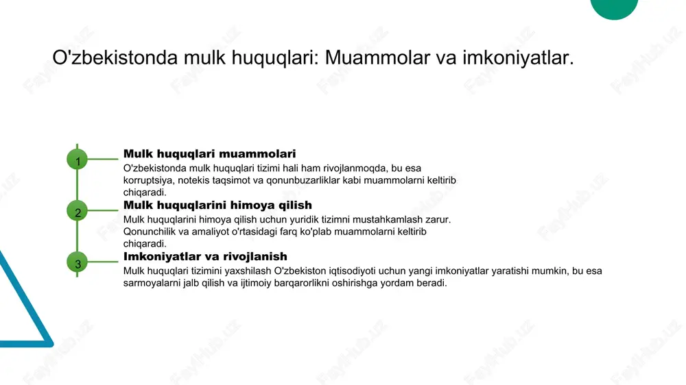 o'sishga ta'siri: mulkchilik va mulk huquqlari. mulkchilik va mulk huquqlari iqtisodiy o'sishga bevosita ta'sir qiladi. ular resurslarni samarali taqsimlash, investitsiyalarning ko'payishi va tadbirkorlik muhitining rivojlanishida muhim rol o'ynaydi. mulk huquqlari aniq belgilangan bo'lsa, iqtisodiy barqarorlikni ta'minlaydi. photo by resource database on unsplash o'zbekistonda mulk va iqtisodiy tizimlarning o'zaro aloqasi. 01 mulk tizimlari o'zbekistondagi mulk tizimlari davlat va xususiy mulk o'rtasidagi muvozanatni ta'minlashga qaratilgan bo'lib, iqtisodiy barqarorlikka hissa qo'shadi. 02 iqtisodiy o'sish mulk va iqtisodiy tizimlar o'rtasidagi aloqalar, investitsiyalarni jalb qilish va yangi ish o'rinlarini yaratish orqali iqtisodiy o'sishni rag'batlantiradi. 03 huquqiy muhit mulk huquqlari va iqtisodiy tizimlar o'rtasidagi bog'lanish, o'zbekistonda qonuniy asoslar va muvofiqlikning kuchayishi bilan mustahkamlanmoqda. mulkchilikning ijtimoiy-iqtisodiy ta'sirlari: o'zbek tajribasi. ijtimoiy ta'sirlar o'zbekistonda mulkchilik tizimlari, ijtimoiy qatlamlar o'rtasidagi aloqalarni kuchaytirib, iqtisodiy imkoniyatlarni kengaytiradi va ijtimoiy barqarorlikni ta'minlaydi. iqtisodiy o'sish mulkchilik huquqlari iqtisodiy o'sishni rag'batlantiradi, xususiy sektorni rivojlantirib, yangi ish o'rinlarini yaratish imkonini beradi, shu bilan birga investitsiyalarni jalb …