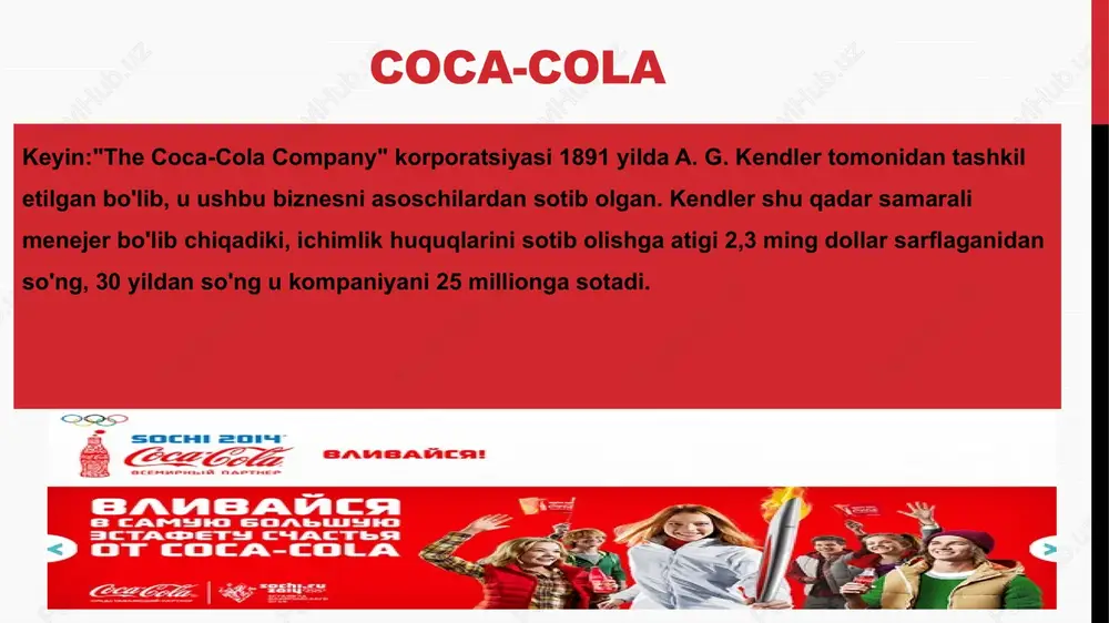 sodiy rivojlanishi / / url moliyaviy ko'rsatkichlari : https://finance.rambler.ru/business/37493402-chistaya-pribyl-coca-cola-v-i-polugodii-upala-v (08.03.2021). coca-cola / / url tarixi: https://ru.wikipedia.org/wiki/koka-kola ( (08.03.2023). rossiyaning ijtimoiy-iqtisodiy rivojlanishiga qo'shgan hissasi / / ria urll: https://ria.ru/20171226/1511738016.html (08.03.2021). e'tiboringiz uchun tashakkur! image2.png image3.jpeg image4.jpeg image5.jpeg image6.jpeg image7.jpeg image8.jpeg image9.jpeg image10.jpeg image11.png image12.png image13.jpeg image14.png image15.png image16.png image17.png image18.png image19.png image20.png image21.jpeg image22.png image23.png image24.png image25.jpeg image26.png image27.png image28.jpeg image29.jpeg image30.png image31.tiff image32.png image33.png image34.tiff image35.png image36.png /docprops/thumbnail.jpeg