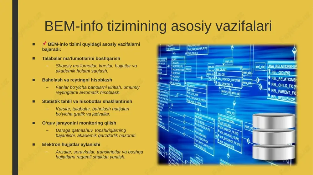 iladi ha ha bem-info tizimining cheklovlari ⚠️ 1. texnik muammolar serverlar ishlashida nosozliklar bo‘lishi mumkin internetga bog‘liqlik talab qilinadi ⚠️ 2. foydalanuvchilarni o‘qitish zarurati tizimdan samarali foydalanish uchun foydalanuvchilarni o‘qitish kerak texnik bilimlarning yetishmasligi muammolarni keltirib chiqarishi mumkin ⚠️ 3. moslashuvchanlik cheklovlari ba’zi maxsus talablar uchun tizimni sozlash qiyin bo‘lishi mumkin ⚠️ 4. ma’lumotlar xavfsizligi tahdidlari kiberhujumlarga qarshi muntazam yangilanish va himoya zarur ⚠️ 5. resurs talablarining yuqoriligi tizimni barqaror ishlashi uchun yuqori texnik resurslar talab qilinadi taklif etiladigan yangilanishlar ⚙️ 1. foydalanuvchi interfeysini takomillashtirish intuitiv dizayn va qulay navigatsiya yaratish mobil qurilmalar uchun optimallashtirish 🔄 2. integratsiya imkoniyatlarini kengaytirish boshqa ta’lim tizimlari va resurslar bilan integratsiya ma’lumotlar almashinuvini avtomatlashtirish 🔐 3. xavfsizlikni kuchaytirish ikki faktorli autentifikatsiya joriy etish ma’lumotlarni yanada kuchli shifrlash 📊 4. tahliliy vositalarni rivojlantirish kengaytirilgan hisobotlar va tahlillar yaratish talabalar faoliyati bo‘yicha prognozlash imkoniyatlari 🛠️ 5. texnik qo‘llab-quvvatlashni yaxshilash foydalanuvchilar uchun tezkor yordam xizmatlarini joriy etish …
