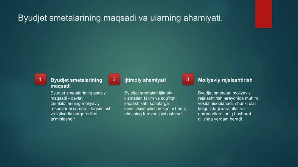 ptimallashtirish strategiyalari. davlat tashkilotlarida byudjet jarayonlarini optimallashtirish strategiyalari moliyaviy resurslardan samarali foydalanishni ta'minlaydi. bunga quyidagi asosiy jihatlar kiradi: 1) byudjet prognozlarini aniq va o'z vaqtida tayyorlash; 2) xarajatlarni nazorat qilish va tahlil qilish; 3) moliyaviy shaffoflikni oshirish. xulosa 1 byudjet smetalari muhimligi byudjet smetalari davlat tashkilotlarining moliyaviy rejalashtirish jarayonini tashkil etuvchi asosiy elementlardir, bu esa samarali boshqaruvni ta'minlaydi. 2 o'zbekistonning xususiyatlari o'zbekistondagi byudjet smetalarining o'ziga xos xususiyatlari, mamlakatning ma'muriy amaliyotlari va moliyaviy tartib-intizomidan kelib chiqadi. 3 byudjet jarayonining roli byudjet jarayoni davlat tashkilotlarida moliyaviy nazoratni kuchaytiradi va hisobdorlikni oshiradi, natijada ijtimoiy-iqtisodiy ta'sir ko'rsatadi. e'tiboringiz uchun rahmat! image6.jpg image7.jpg image8.jpg image9.jpg image2.png image3.png image4.png image5.png /docprops/thumbnail.jpeg