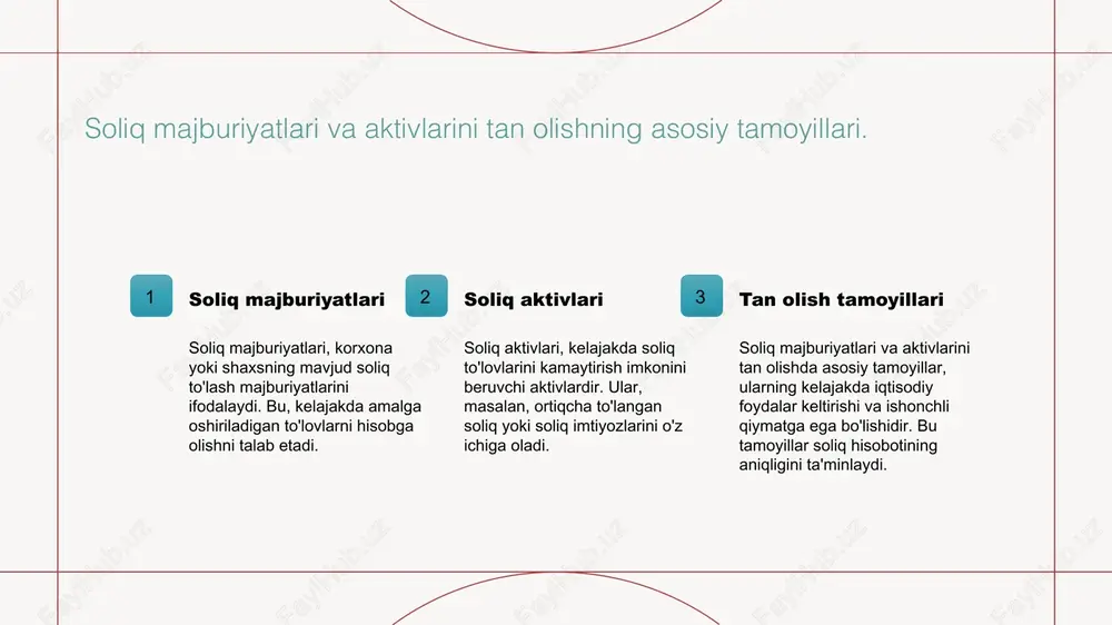 raro soliq muammolarini hal qilishda yordam beradi. - moliya tashkilotlarining shaffofligini oshiradi. photo by scott graham on unsplash o'zbekistonda soliq hisobini yuritish jarayonlari va muammolari. 1 soliq hisobi jarayoni o'zbekistonda soliq hisobini yuritish jarayoni muhim bosqichlardan iborat. bu jarayonda daromad, xarajatlar va majburiyatlar to'g'risida aniq ma'lumotlarni yig'ish zarur. 2 muammolar va qiyinchiliklar soliq hisobini yuritishda ko'plab muammolar mavjud. ular orasida ma'lumotlarning yetishmasligi, zamonaviy texnologiyalarni qo'llashdagi qiyinchiliklar va soliq qonunchiligidagi o'zgarishlar bor. 3 yechimlar va istiqbollar o'zbekistonning soliq hisobini takomillashtirish uchun zamonaviy texnologiyalarni qo'llash va soliq qonunlarini yangilash zarur. bu moliyaviy barqarorlikni ta'minlaydi. moliya hisobotlarida daromad solig’i standartining qo’llanilishi. daromad solig’i hisoblash soliq standartlari o'zbekistondagi amaliyot moliya hisobotlarida daromad solig’i hisoblash jarayoni, soliq majburiyatlari va aktivlarini aniqlashga asoslanadi, bu esa moliyaviy ko'rsatkichlarni yaxshilaydi. mxhs 12 standartlari, moliya hisobotlarida daromad solig’ining qanday ko’rsatilishini belgilaydi, bu esa hisobga olish jarayonini standartlashtiradi va tushunarli qiladi. o'zbekistonda daromad solig’i hisoboti, xalqaro standartlarga muvofiq shakllanadi, bu …