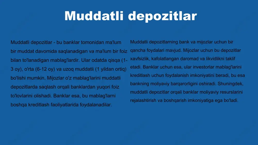 har bir operatsiyaning moliyaviy natijalarini to‘g‘ri aks ettirishni ta'minlaydi. depozit operatsiyalarini hisobga olishda quyidagi asosiy qoidalar amal qilinadi: • moliyaviy ko‘rsatkichlarni aniq va shaffof tarzda qayd etish. • depozitlar bilan bog‘liq har qanday o‘zgarishlarni vaqtida aks ettirish. • buxgalteriya hisobi davrlarini to‘g‘ri belgilash va nazorat qilish. • depozit operatsiyalarini tasdiqlovchi hujjatlarni saqlash. depozitlar va ularning turlari depozitlar, banklarda saqlanadigan mablag'lar bo'lib, ularning asosiy xususiyatlari va turlari muhim ahamiyatga ega. ommaviy depozitlar - bu ko'pchilik mijozlar tomonidan bankda saqlanadigan mablag'lar bo'lib, ularning shaxsiy depozitlardan farqi shundaki, shaxsiy depozitlar faqat bitta shaxsga tegishli. o'zgaruvchan depozitlar esa foiz stavkalarining o'zgarishiga bog'liq bo'lib, o'zgarmas depozitlar esa belgilangan foiz stavkasiga ega bo'ladi va muddat davomida o'zgarishsiz qoladi. ommaviy va shaxsiy depozitlar: - ommaviy depozit: ko'pchilik tomonidan qo'yilgan mablag'lar. - shaxsiy depozit: faqat bitta shaxsga tegishli mablag'lar. o'zgaruvchan va o'zgarmas depozitlar: - o'zgaruvchan depozit: foiz stavkasi o'zgarishi mumkin. - o'zgarmas depozit: foiz stavkasi belgilangan muddat davomida …