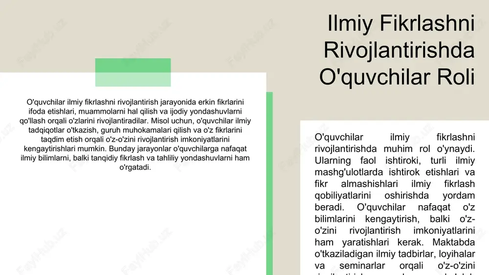 arni motivatsiya qilish amaliy tajribalar orqali o'quvchilarni rag'batlantirish usullari. o'quvchilarni amaliy tajribalar orqali motivatsiya qilish uchun darslarni qiziqarli qilish zarur. real hayotdagi masalalarni hal qilish imkoniyati ularning bilimlarini amalda qo'llashga undaydi. amaliy tajribalarni qiziqarli qilib ko'rsatish uchun o'quvchilarga ijodiy yondashuvlar berish kerak. guruhiy loyihalar va o'yinlar orqali faol ishtirok etishlari uchun sharoit yaratish muhimdir. o'quvchilarning ishtirokini oshirish uchun interaktiv metodlarni joriy etish lozim. muhokama va brainstorming sessiyalari orqali fikrlash qobiliyatlarini rivojlantirish mumkin. o'quchilarni o'z bilimlarini mustahkamlashga jalb qilish uchun o'zaro tajriba almashish imkoniyatlari taklif etish lozim. o'quchilar bir-birlariga o'rgatish orqali bilimlarini chuqurlashtiradi. o'zaro tajriba almashish o'quvchilarning o'zaro munosabatlarini kuchaytiradi va ularning o'z bilimlarini yaxshilashlariga yordam beradi. amaliy tajribalar va ilmiy fikrlash - amaliy tajribalar o'quvchilarga nazariy bilimlarni amaliyotda qo'llash imkoniyatini yaratadi. - o'quvchilar nazariy bilimlarni amaliyotga tatbiq etishda muhim rol o'ynaydi. - amaliy tajribalar orqali o'quvchilarning ilmiy fikrlash qobiliyati oshadi. - o'quvchilar yangi g'oyalarni yaratishga undaladi, bu esa innovatsion fikrlashni …