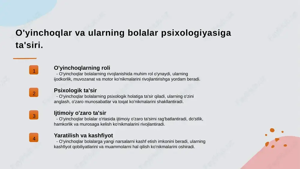 ishda yordam beradi. 3 an'ana va zamon o'yinchoqlar orqali an'anaviy va zamonaviy elementlarning uyg'unligi, bolalarni muvozanatli rivojlanishga va madaniy merosni saqlashga undaydi. ta'limiy o'yinchoqlarni tanlashda e'tiborga olish kerak bo'lgan omillar. 01 ta'limiy maqsadlar o'yinchoqlar bolalar rivojlanishida ta'limiy maqsadlarni ko'zga tutishi muhim. ular qobiliyatlarni rivojlantirish va bilimlarni oshirishga yordam beradi. 02 xavfsizlik standartlari o'yinchoqlarni tanlashda xavfsizlik standartlariga e'tibor berish zarur. xavfsiz materiallar va dizayn bolalar uchun muhim, jarohatlarning oldini oladi. 03 yoshga moslik o'yinchoqning yoshga mosligi muhim ahamiyatga ega. har bir yosh guruhiga mos ta'limiy o'yinchoqlar bolalarning qiziqishini va rivojlanishini ta'minlaydi. o'yinchoqlar va madaniyat: mahalliy an'analarning ta'siri. o'yinchoqlar va madaniyat o'yinchoqlar mahalliy madaniyatni aks ettiradi, bolalarga an'anaviy qadriyatlar va urf-odatlarni o'rganish imkonini beradi. an'anaviy o'yinchoqlar o'zbek madaniyatida an'anaviy o'yinchoqlar, masalan, "kalla" yoki "qozon" o'yinchoqlari bolalarga tarbiyaviy maqsadlar uchun ishlatiladi. zamonaviy ta'sir zamonaviy o'yinchoqlar, global madaniyat ta'sirida, mahalliy an'analarni saqlab qolish va rivojlantirishda muhim rol o'ynaydi. ta'limiy o'yinchoqlar va ularning bolalar psixologiyasiga …