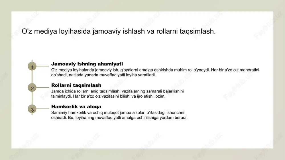 h, taqdimotni interaktiv qilish va ishtirokchilarni jalb etadi. mediada vizual va og'zaki kommunikatsiyaning ahamiyati. 1 vizual kommunikatsiya vizual kommunikatsiya, tasvirlar va grafikalar orqali ma'lumot etkazish jarayonidir. bu, auditoriyaning diqqatini jalb qilishda va ma'lumotni tushuntirishda muhimdir. 2 og'zaki kommunikatsiya og'zaki kommunikatsiya, so'zlar va nutq orqali fikrlarni ifodalashni anglatadi. u taqdimotlar va muhokamalarda aniq va tushunarli muloqot uchun zarurdir. 3 ikkilamchi ahamiyat vizual va og'zaki kommunikatsiya bir-birini to'ldiradi. biri boshqa birini kuchaytiradi, bu esa auditoriyaning xotirasida ma'lumotni saqlashni osonlashtiradi. 4 mediada muvaffaqiyat muvaffaqiyatli media loyihalari, kuchli vizual va og'zaki kommunikatsiya orqali auditoriyaning e'tiborini jalb qiladi, natijada yanada samarali taqdimotlar yaratadi. qiziqarli taqdimotlarni yaratish uchun kreativ texnikalar. interaktiv elementlar taqdimotlarda interaktiv elementlar, masalan, so'rovlar va savol-javoblar, auditoriyaning e'tiborini oshiradi va ishtirokini rag'batlantiradi. vizual tuslar kuchli vizual tasvirlar, ranglar va grafikalar taqdimotni jozibador qiladi, ma'lumotlarni yanada tushunarli va esda qolarli qiladi. hikoya qilish hikoya qilish texnikasi orqali ma'lumotlarni qiziqarli tarzda taqdim etish, auditoriyaning hissiyotlariga …