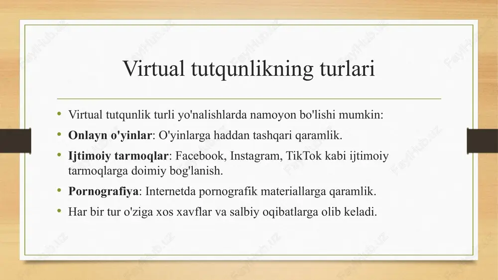 internet qaramligi va uning psixologik ta'siri. toshkent: "fan" nashriyoti. mirzayev, sh. (2020). onlayn o'yinlar va yoshlar: foydasi va zararli ta'siri. toshkent: iqtisodiyot va ta'lim nashriyoti. sodikov, n. (2019). odamlar va texnologiyalar: ijtimoiy o'zgarishlar va psixologik jihatlar. buxoro: buxoro davlat universiteti nashriyoti. nazarov, u. (2021). virtual dunyo va yoshlarning ruhiy salomatligi. toshkent: "yoshlar nashriyoti". image5.png image6.png image3.png image4.png /docprops/thumbnail.jpeg