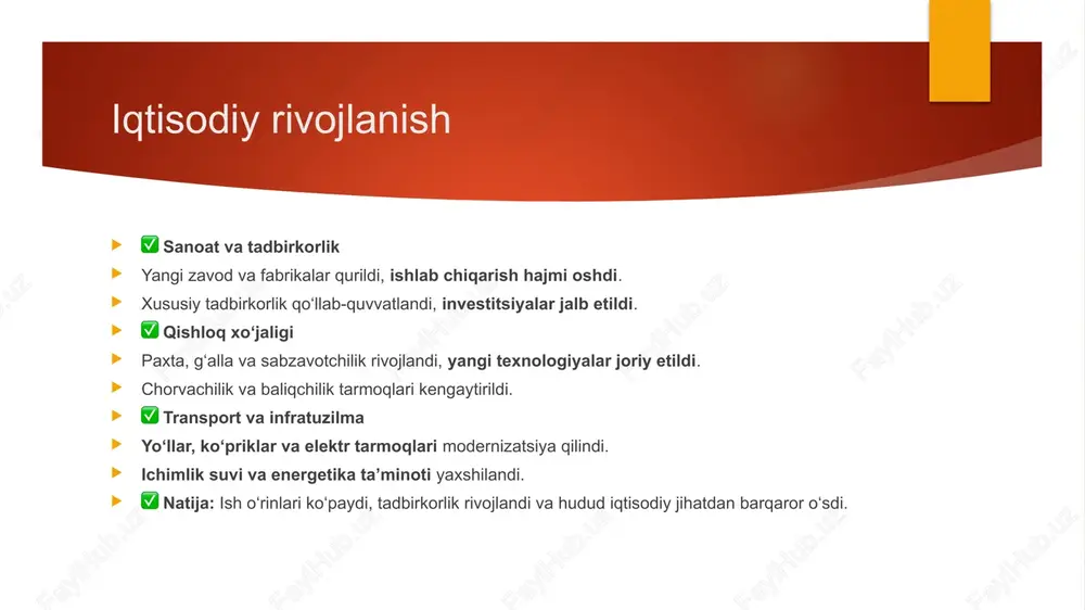 aqlash, ekologiya kabi masalalarda keng ommaviy targ‘ibot ishlari olib borildi. davlat va jamiyat o‘rtasida muloqot kuchayib, fuqarolarning talab va istaklari inobatga olindi. ✅ xayriya va volontyorlik faoliyati xayriya tashkilotlari va volontyorlar ko‘plab ijtimoiy loyihalarda ishtirok etdi, ehtiyojmandlarga yordam ko‘rsatildi. ✅ natija: ijtimoiy faollik ortib, qoraqalpog‘istonliklarning jamiyatdagi o‘rni mustahkamlandi. kelajakdagi istiqbolli loyihalar ✅ iqtisodiy rivojlanish yangi sanoat zonalari va texnologik parklarga investitsiyalar jalb qilish orqali iqtisodiy o‘sishni davom ettirish. qishloq xo‘jaligida innovatsiyalar va agrotexnologiyalarni joriy etish, samaradorlikni oshirish. ✅ ta’lim va inson resurslari yoshlar uchun kasb-hunar ta’limi va zamonaviy texnologiyalar bo‘yicha maxsus dasturlarni rivojlantirish. oliy ta’lim muassasalarini xalqaro standartlarga moslashtirish. ✅ ekologiya va yashil energiya yashil energetika loyihalarini amalga oshirish, quyosh va shamol energiyasidan foydalanish. tabiatni asrash va resurslarni boshqarish bo‘yicha ekologik dasturlarni kengaytirish. ✅ transport va infratuzilma transport tarmoqlarini rivojlantirish, yangi yo‘llar va temir yo‘l liniyalarini qurish. suv resurslarini boshqarish va ekologik toza infratuzilmani yaratish. ✅ natija: kelajakda iqtisodiy o‘sish …