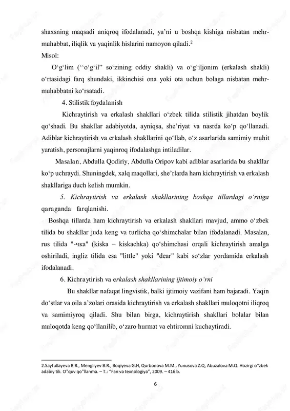 oshiradi va so‘zlovchining shaxsiy munosabatini ifodalaydi. masalan, onam va onajonim so‘zlari bir xil shaxsga ishora qilsa ham, ikkinchisida hissiy qiymat kuchliroq bo‘ladi, chunki unga erkalash tusidagi qo‘shimcha qo‘shilgan. shu bilan birga, kichraytirish shakllari ko‘pincha ixchamlik va yaqinlik ma’nosini beradi. bu holat masalan, do‘konda bolachalar o‘ynayotgan edi kabi jumlalarda ishlatiladi. bunda kichkina bolalar yoki yosh bolalar haqida gap ketayotgani anglashiladi.3 4. dialektal va regional xususiyatlar o‘zbek tilida kichraytirish va erkalash shakllari turli mintaqalarda o‘ziga xos qo‘shimchalar yordamida hosil qilinishi mumkin. masalan, ba’zi hududlarda -ke yoki -qish kabi qo‘shimchalar kichraytirish yoki erkalash ma’nosini bildiradi. bu 3. a.g‟ulomov, m.asqarova. hozirgi zamon o‟zbek adabiy tili. –t.: “o‟qituvchi”, 1987. 9 dialektal xususiyatlar tilshunoslikda leksik va morfologik farqlarni aniqlashda yordam beradi. masalan: bola so‘zi ayrim hududlarda bolake yoki bolaqish shaklida erkalab aytiladi. 5. kichraytirish va erkalash shakllarining adabiyotdagi o‘rni adabiyotda kichraytirish va erkalash shakllari qahramonlarning xarakterini ochishda va hissiy holatlarni ifodalashda muhim ahamiyatga ega. shuningdek, bu …