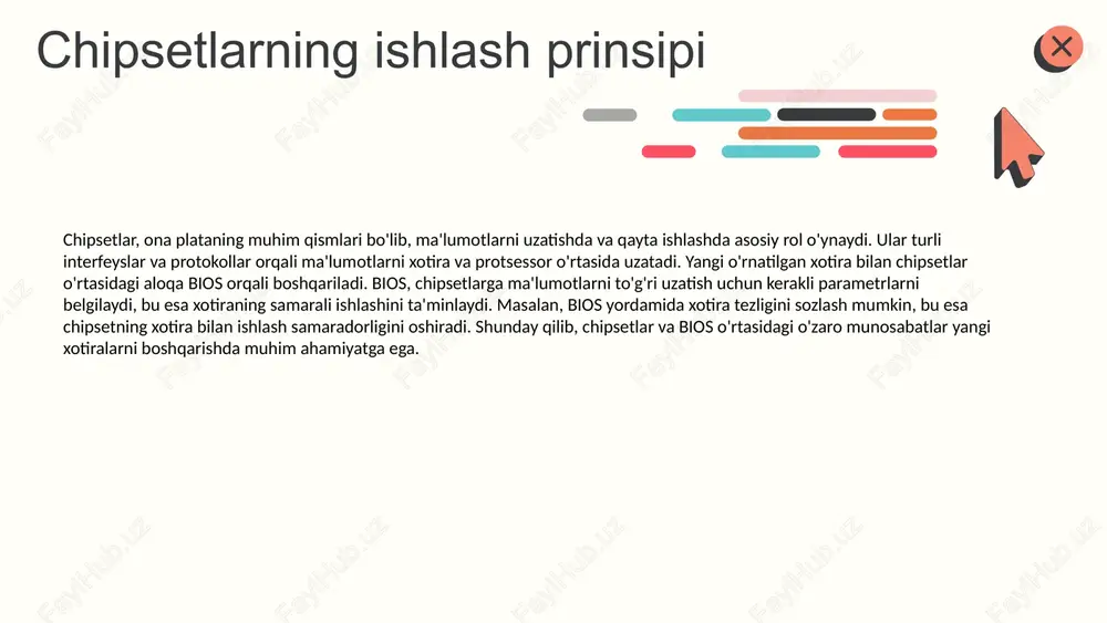 ining turini va uning ishlash ko'rsatkichlarini ko'rish mumkin. xotira modullari asosan ddr (double data rate) turiga bo'linadi: ddr2, ddr3, ddr4 va eng yangi ddr5. har bir tur o'zining tezligi va ishlash ko'rsatkichlari bilan ajralib turadi. misol uchun, ddr4 moduli 2400-3200 mhz tezlikda ishlaydi va energiya samaradorligi yuqori. shuningdek, xotira modullari o'zlarining hajmlari bilan ham farqlanadi, masalan, 4gb, 8gb yoki 16gb. bios orqali xotira modullarining to'g'ri o'rnatilganligini va ularning ishlashini nazorat qilish mumkin. bu, xususan, yangi xotira o'rnatilganda muhimdir, chunki biosda xotira testlari o'tkazilib, xotira modullarining barqaror ishlashi ta'minlanadi. * xotira modullarining turlari xotira modullari asosiy to'rtta turga bo'linadi: ddr, ddr2, ddr3 va ddr4. har bir turi o'zining xususiyatlari va ishlash tezligi bilan ajralib turadi. ddr modullari dastlabki texnologiya bo'lib, keyinchalik ddr2, ddr3 va ddr4 modullari yanada rivojlangan imkoniyatlarni taqdim etdi. har bir yangi avlod avvalgisidan ko'ra tezroq va energiya tejamkorroq bo'lib, kompyuter tizimlarida unumdorlikni oshiradi. xotira modullari farqlari: - ddr: …