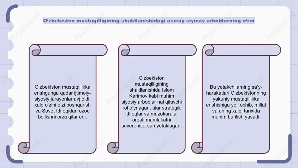 shuningdek, demokratik boshqaruv asoslarini yaratishga qaratilgan. bu huquqiy yutuqlar o‘zbekiston mustaqillikka o‘tish davridagi landshaftini shakllantirishda muhim rol o‘ynadi. ular qonun ustuvorligi va inson huquqlarini hurmat qilishga asoslangan boshqaruvning yangi davriga zamin yaratdilar. o‘zbekistonda jamoatchilik fikrini shakllantirishda ommaviy axborot vositalarining o‘rni o‘zbekiston mustaqillikka erishgunga qadar ijtimoiy-siyosiy jarayonlar o‘zgarib turdi, turli guruhlar hokimiyat va ta’sir uchun kurash olib bordi. ommaviy axborot vositalari bu davrda jamoatchilik fikrini shakllantirishda hal qiluvchi rol o'ynadi, fuqarolarning hukumatga va bir-biriga qarashlariga ta'sir qildi. ommaviy axborot vositalari turli targ‘ibot va tsenzura shakllari orqali o‘zbekistonning mustaqillikka olib borgan yo‘li haqidagi hikoyani shakllantirishga yordam berdi, aholining jamoaviy ongiga ta’sir ko‘rsatdi. o‘zbekistondagi harbiylarning mavjudligi va siyosiy jarayonlarga ta’siri mustaqillik arafasida o‘zbekistonda ijtimoiy-siyosiy jarayonlar sezilarli o‘zgarishlar va noaniqliklar bilan kechdi. mamlakat sovet ittifoqi nazoratidagi davlatdan mustaqil davlatga o'tish davrini boshidan kechirdi. bu davrda o‘zbekistonning siyosiy manzarasini shakllantirishda harbiy mavjudlik hal qiluvchi rol o‘ynadi. qurolli kuchlar qarorlar qabul qilish va hukumat siyosatiga sezilarli …