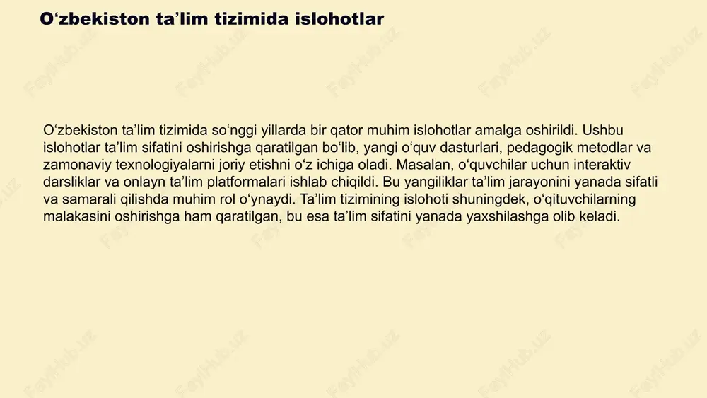 ratilgan yangi metodologiyalarni o'z ichiga oladi. masalan, loyiha asosidagi oʼqitish, interaktiv darslar va raqamli resurslar taʼlim jarayonini yanada qiziqarli va samarali qilish uchun qoʼllaniladi. ushbu metodologiyalar oʼquvchilarning fikrlash qobiliyatini yaxshilashga yordam beradi va ularni mustaqil oʼrganishga undaydi. taʼlimdagi global tendentsiyalar dunyo boʼylab taʼlim tizimidagi global tendentsiyalar quyidagilardan iborat: - **raqamli taʼlim**: raqamli texnologiyalar taʼlimda keng qoʼllanilmoqda. oʻzbekiston bu yoʼnalishda onlayn taʼlim platformalarini rivojlantirish orqali javob berishi mumkin. - **inkluziv taʼlim**: har bir shaxsning taʼlim olish huquqini taʼminlash muhim. oʻzbekiston, turli guruhlar uchun taʼlim imkoniyatlarini kengaytirishi zarur. - **uzluksiz taʼlim**: taʼlim jarayoni hayot davomida davom etishi kerak. oʻzbekistonda professional oʼqitish va malaka oshirish dasturlarini kuchaytirish lozim. oʻzbekiston bu global tendentsiyalarga javob berish uchun taʼlim tizimida innovatsiyalarni joriy etish, muallimlar malakasini oshirish va taʼlim jarayonlariga zamonaviy texnologiyalarni qoʼshish zarur. imkoniyatlar va resurslar taʼlim muassasalari oʻzbekistonda taʼlim muassasalari keng tarqalgan bo‘lib, ular boshlang‘ich, o‘rta va oliy taʼlim darajalarini qamrab oladi. har bir muassasa …