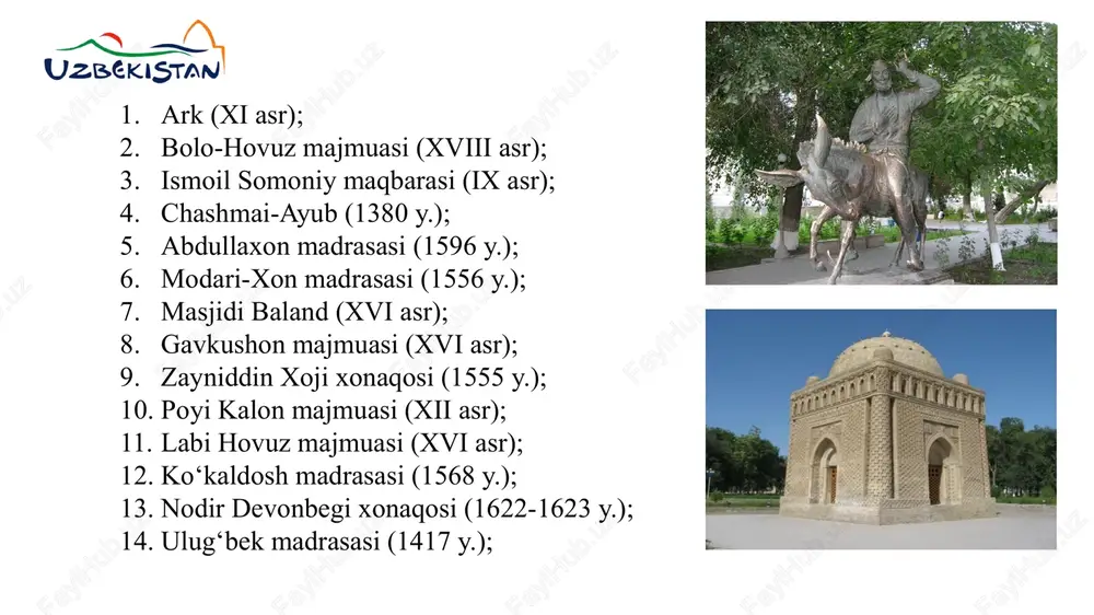 , u erda 43 turdagi baliqlar, 2 turdagi amfibiyalar, 29 turdagi sudralib yuruvchilar, 246 turdagi qushlar va 36 turdagi sut emizuvchilar, jampiq qal'a, gaur qal'a, chilpiq qo'rg'oni, shayx jalil bobo kabi tarixiy ѐdgorliklar bilan birga, sulton uvays tog'i, amudaryo sohilida ko'pgina tabiiy ekoturistik ob'ektlar ham mavjud qashqadaryo viloyati. qarshi shahri samarqand va buxorodan afg‘oniston va hindistonga o‘tuvchi karvon yo‘llari asosida yuzaga kelgan. qarshi bir necha arxitektura yodgorliklariga ega. mirzo ulug‘bek tomonidan qurilgan ko‘kgumbaz masjidi (1463 y.), jome’ masjidi, minorali qo‘rg‘oncha (xix-xx asrlar), xo‘ja abdulaziz madrasasi (xx asr), qilichboy madrasasi (1714 y.), zaxkok- moron shaharchasi xarobalari (eramizdan avvalgi i asr-eramizning v asri) va qashqadaryo daryosi ustidan o‘tgan qadimiy ko‘prik kabilardir. shaharda «o‘lkashunoslik» muzeyi bor. qashqadaryoning muhim arxitektura yodgorliklari-temuriy sulolasiga tegishli shamsiddin mir kulol maqbarasi, ko‘kgumbaz masjidi, gumbazi saidon maqbarasidir shahrisabz shahri. bog‘lar va uzumzorlarga burkangan shahrisabz shahri hunarmandchilik markazi bo‘lgan. shahrisabzdagi dastlabki turar joylarga v-vi asrlarda asos solingan bo‘lsa, ix-x asrlarga …