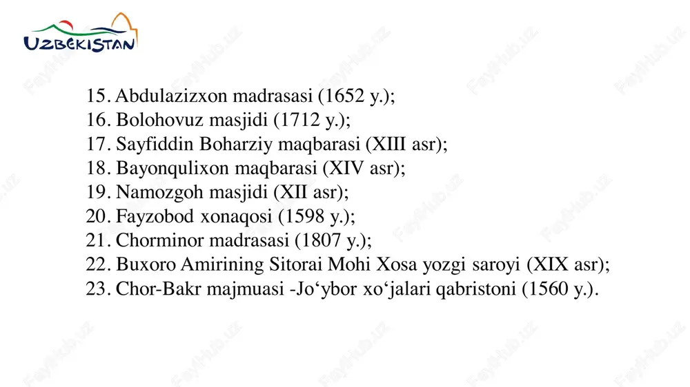iy ekoturistik ob'ektlar ham mavjud qashqadaryo viloyati. qarshi shahri samarqand va buxorodan afg‘oniston va hindistonga o‘tuvchi karvon yo‘llari asosida yuzaga kelgan. qarshi bir necha arxitektura yodgorliklariga ega. mirzo ulug‘bek tomonidan qurilgan ko‘kgumbaz masjidi (1463 y.), jome’ masjidi, minorali qo‘rg‘oncha (xix-xx asrlar), xo‘ja abdulaziz madrasasi (xx asr), qilichboy madrasasi (1714 y.), zaxkok- moron shaharchasi xarobalari (eramizdan avvalgi i asr-eramizning v asri) va qashqadaryo daryosi ustidan o‘tgan qadimiy ko‘prik kabilardir. shaharda «o‘lkashunoslik» muzeyi bor. qashqadaryoning muhim arxitektura yodgorliklari-temuriy sulolasiga tegishli shamsiddin mir kulol maqbarasi, ko‘kgumbaz masjidi, gumbazi saidon maqbarasidir shahrisabz shahri. bog‘lar va uzumzorlarga burkangan shahrisabz shahri hunarmandchilik markazi bo‘lgan. shahrisabzdagi dastlabki turar joylarga v-vi asrlarda asos solingan bo‘lsa, ix-x asrlarga kelib u yirik savdo va hunarmandchilik markaziga aylangan. amir temur tomonidan devor bilan o‘ralganidan so‘ng u madaniyat va ilm-fan shahriga aylangan. qashqadaryo viloyatining tarixiy-arxitektura yodgorliklar: 1. oqsaroy (xiv - xv asr); 2. dorus – saodat majmuasi (xiv asr); 3. hazrati imom …
