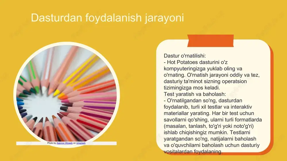 uvchilar talabalar bilan ochiq va samimiy suhbatlar olib borishlari, fikr va mulohazalarni tinglashlari lozim. o'qitishda texnologiyalarning roli: zamonaviy texnologiyalar, jumladan hot potatoes dasturi, interaktiv darslar tashkil etishda muhim ahamiyatga ega. ular o'qituvchilarga darslarni yanada qiziqarli va jalb qiluvchi qilish imkonini beradi. hot potatoes dasturidan foydalanish misollari: - testlar va viktorinalar yaratish: talabalar uchun bilimlarini sinovdan o'tkazish. - interaktiv faoliyatlar: hot potatoes yordamida talabalar o'z bilimlarini amaliy mashqlar orqali mustahkamlashlari mumkin. interaktivlik va o'qitish metodlari talabalar ishtirokining o'lchovlari talabalar ishtirokini o'lchash va baholash usullari, o'qituvchilar uchun muhim ahamiyatga ega. interaktiv darslarda talabalar ishtirokini baholashda hot potatoes dasturi yordamida turli xil testlar va vazifalar yaratish mumkin. bu dastur orqali o'quv jarayonida talabalar ishtirok etish darajasini o'lchashda savol-javoblar va guruh muhokamalari yordamida baholash ko'zda tutilgan. o'qituvchi va talabalar o'rtasida tezkor feedback ta'minlash orqali, talabalar o'zlarining muvaffaqiyatlarini va o'qish jarayonidagi faoliyatlarini yaxshilash imkoniyatiga ega bo'ladilar. shu tarzda, hot potatoes orqali yaratilgan multimedia o'quv kurslari …
