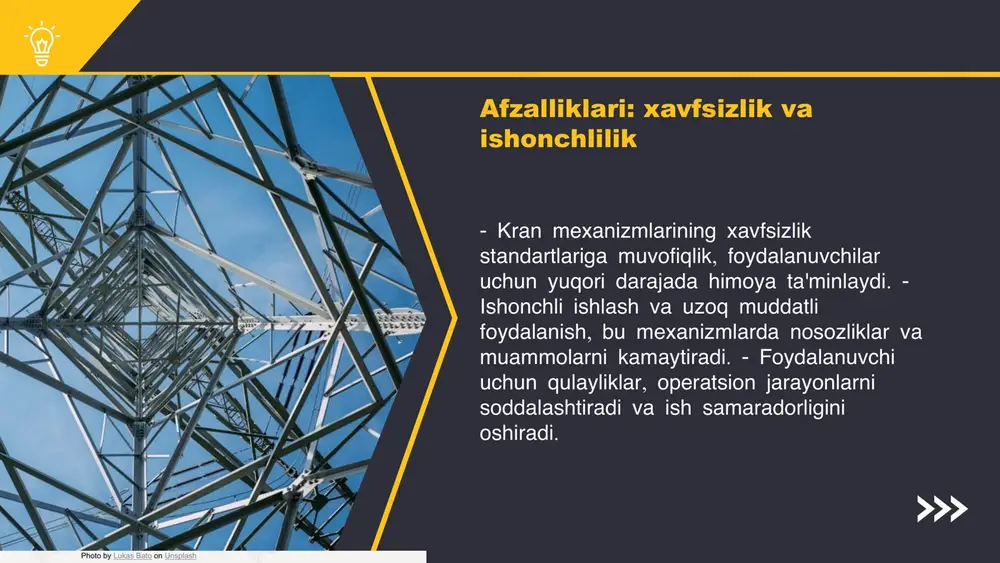 r innovatsion yechimlar va texnologik rivojlanishlarni taqdim etadi, buning natijasida ular sanoat jarayonlarida samaradorlikni oshiradi. xulosa foydalanilgan adabiyotlar 1. o‘zbekiston respublikasi fanlar akademiyasi. kran mexanizmlarining ishlash prinsipi. o‘zbekiston respublikasi fanlar akademiyasi, 2021 2. khalilov, s. impuls-kalitli boshqaruv tizimlari va ularning kran mexanizmlarida qo‘llanilishi. o‘zbekiston milliy universiteti, 2020 3. abdullaeva, f. eliktr yuritmalari: zamonaviy yechimlar va tendensiyalar. toshkent davlat texnika universiteti, 2022 4. rahimov, d. kran mexanizmlari va energiya samaradorligi: nazariy va amaliy jihatlari. o‘zbekiston texnika universiteti, 2023 5. isroilov, m. kran mexanizmlarida impuls-kalitli boshqaruv tizimlarining afzalliklari. o‘zbekiston sanoat qurilish universiteti, 2023 e'tiboringiz uchun rahmat! image1.png image2.png image3.png image4.png image20.jpg image13.png image6.png image7.png image8.png image21.jpg image5.png image22.jpg image23.jpg image9.png image10.png image11.png image12.png image14.png image15.png image16.png image17.png image18.png image24.jpg image25.jpg image26.jpg image19.png