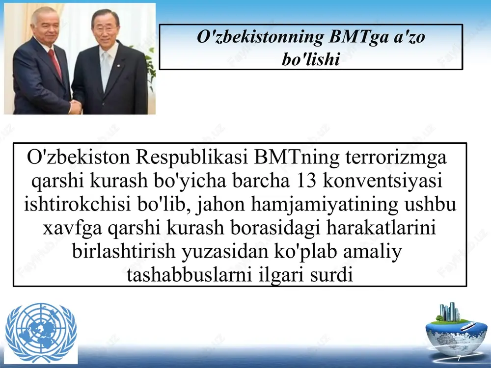 igan jarayon ekanligi, mintaqalar xavfsizligini ta'minlash yo'li bilangina jahon xavfsizligini ta'minlash mumkinligi alohida ta'kidlandi. afg'onistondagi urushga barham berish uchun unga tashqi kuchlarning aralashuvini bartaraf etish, qurol olib kirishni ta'qiqlash takliflari ilgari surildi. ommaviy qirg'in qurollarini tarqatmaslik, qurol savdosini cheklash to'g'risida, orol dengizining qurib borishi bilan bog'liq ekologik muammoni hal etishga halqaro moliya tuzilmalarini va rivojlangan mamlakatlarni jalb qilish, bmtning tashkilotchilik ishini faollashtirish to'g'risida bir qator takliflarni ilgari surdi. o'zbekiston bmtning 50 yilligiga bag'ishlangan tantanalarda faol qatnashdi. 21 21 birinchi president i.a.karimov o’z nutqida mintaqada xavfsizlikni ta'minlash, atrof-muhitni muhofaza qilish, iqtisodiy rivojlanish, ta'lim va sog'liqni saqlash, bmt bilan hamkorlikni yanada rivojlantirish va faollashtirish borasidagi vazifalarni to'liq va samarali amalga oshirish bo'yicha talaba yoshlarda bilim va ko'nikmalar majmuasini shakllantirishdan iborat. 30 o'zbekistonning yirik va rivojlangan davlatlar bilan aloqalari o'zbekiston – rossiya o'zbekiston - aqsh o'zbekiston - xitoy 31 o’zbekistonning yirik va rivojlangan davlatlar bilan aloqalari o’zbekiston – janubiy osiyo davlatlari (hindiston, pokiston) …