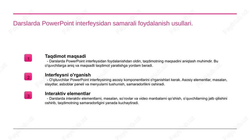niyatini beradi, hamda ularning fikr almashishiga yordam beradi. ta'limda vizual materiallardan foydalanish: powerpointning ahamiyati. ta'limda vizual materiallardan foydalanish, o'quv jarayonini yanada samarali qiladi. powerpoint taqdimotlari orqali ma'lumotlarni aniq va tushunarli ravishda yetkazish mumkin. bu, talabalar o'z g'oyalarini ifodalashda va taqdimotlarini mustahkamlashda yordam beradi. - vizual materiallar diqqatni jalb qiladi. - o'qituvchilar uchun muloqotni osonlashtiradi. - talabalar uchun o'rganishni qiziqarli qiladi. photo by siednji leon on unsplash powerpoint: oʻquv jarayonida ijodiy yondashuvlarni qoʻllash. 1 powerpoint va ijodkorlik powerpoint taqdimotlari o‘qituvchilarga ijodkorlikni oshirish uchun innovatsion g‘oyalarni qo‘llash imkoniyatini beradi, bu esa darslarni qiziqarli qiladi. 2 vizual materiallar powerpoint yordamida turli vizual materiallar, masalan, rasmlar, grafikalar va diagrammalarni qo‘shish, taqdimotning qiziqarli va tushunarli bo‘lishini ta'minlaydi. 3 interaktiv elementlar interaktiv elementlar, masalan, savol-javoblar va testlar, powerpoint taqdimotlarida o‘quvchilarning faol ishtirokini oshirishga yordam beradi, ularni yanada jalb qiladi. oʻquvchilarni jalb qilishda powerpoint dizaynining ahamiyati. 1 vizual ta'sir powerpoint dizayni vizual ta'sirni oshiradi, chunki ranglar, grafikalar …