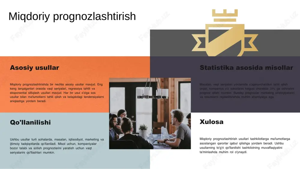 ognoz yaratish: tahlil natijalari asosida prognozlar yaratiladi, bu esa kelajakdagi tendensiyalarni aniqlash imkonini beradi. 2. amaliy misollar va natijalar: - masalan, iqtisodiy o'sish prognozlari uchun vaqt seriyalari tahlili qilingan. 2020-2022 yillarda iqtisodiy ko'rsatkichlar o'rganilib, kelajakdagi o'sish darajalari prognoz qilingan. - boshqa bir misol sifatida, sotuv prognozlari uchun regressiya tahlili qo'llanilgan, bu esa kompaniyaning kelgusi yil davomida mahsulot sotuvlari qanday bo'lishini aniqlash imkonini berdi. 3. tavsiyalar: - statistik metodlarni qo'llashda doimo ma'lumotlarni yangilab turish va tahlil qilish zarur. - prognozlarni yaratishda turli statistika metodlarini birlashtirish va natijalarni bir-biri bilan taqqoslash tavsiya etiladi. zamonaviy yondashuvlar haqida umumiy ma'lumot zamonaviy yondashuvlar kelajak prognozlarini tuzishda muhim ahamiyatga ega. ular tahlil qilishda yangi metodlar va tushunchalarni taqdim etadi, masalan, big data va sun'iy intellekt. bu yondashuvlar an'anaviy usullarga nisbatan ko'proq aniqlik va samaradorlikni ta'minlaydi. zamonaviy prognozlashtirishda asosiy tushunchalar sifatida statistik tahlil, vaqt qatorlari va regressiya tahlilini keltirish mumkin. innovatsiyalar sifatida ma'lumotlar analitikasi, mashinani o'rganish va …