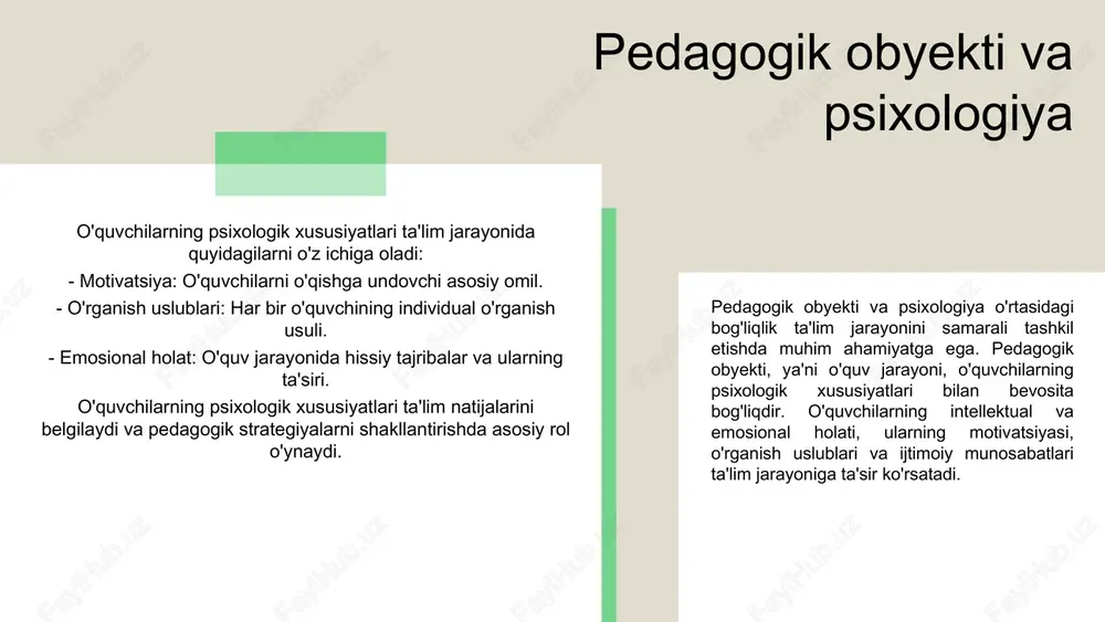 quv dasturlari va ta'lim berish usullarida sezilarli o'zgarishlarni keltirib chiqaradi. bullet points: - jamiyat talablari - ilmiy va texnologik rivojlanish - ta'lim tizimidagi islohotlar - o'quvchilarning ehtiyojlari pedagogik obyekti va innovatsiyalar pedagogik obyekti bo'yicha innovatsiyalar ta'lim jarayonini tubdan o'zgartirishda muhim ahamiyatga ega. ular o'quvchilarning o'qish qobiliyatini oshirish, ta'limni yanada qiziqarli va samarali qilish uchun yangi imkoniyatlar yaratadi. ushbu innovatsiyalarning ba'zi ko'rinishlari: 1. onlayn o'quv platformalari - masofaviy ta'lim imkoniyatlarini taqdim etadi. 2. interaktiv dasturlar - o'quvchilarni faol ishtirok etishga undaydi. 3. virtual haqiqiylik texnologiyalari - tajribalar va simulyatsiyalar orqali ta'limni yanada boyitadi. obyekt va pedagogik metodlar pedagogik metodlar va obyekti haqida ma'lumot. pedagogik obyekti - ta'lim jarayonida o'rgatiladigan yoki o'rganiladigan narsalar, masalan, bilimlar, ko'nikmalar va qadriyatlar. 1. ta'lim metodlari: o'qituvchilar tomonidan talabalarga bilim va ko'nikmalarni etkazish uchun qo'llaniladigan usullar. 2. amaliyot metodlari: o'quvchilarning amaliy ko'nikmalarni egallashlari uchun turli mashg'ulotlar va tajribalar. 3. muloqot metodlari: o'quvchilar o'rtasida fikr almashish va muhokama …