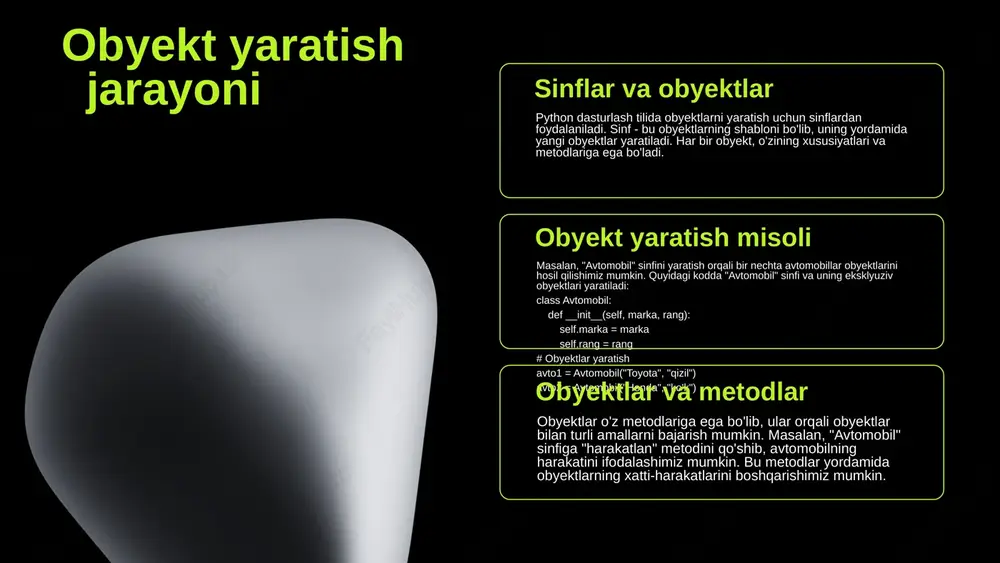 nflardan yaratiladi obyektlar - bu sinflardan yaratilgan asl nusxalardir. har bir obyekt o'ziga xos xususiyatlariga ega bo'lib, belgilangan sinfga asoslanadi. obyektlar yordamida dasturda ma'lumotlarni saqlash va ularga ishlov berish mumkin. sinflarning asosiy elementlari atributlar va metodlar sinflar python dasturlash tilida asosiy strukturalar hisoblanadi. atributlar - bu sinfdan foydalanayotgan ob'ektlar uchun ma'lumotlarni saqlovchi o'zgaruvchilar. masalan, 'avtomobil' sinfida 'rang', 'model' va 'yil' atributlari bo'lishi mumkin. atributlar atributlar ob'ektni xarakterlaydigan ma'lumotlarni ifodalaydi. ular sinf ichida belgilangan va sinfdan yaratilgan ob'ektlar orqali murojaat qilinadi. har bir ob'ekt o'z atributlariga ega bo'lib, ular sinfning umumiy xususiyatlarini aks ettiradi. metodlar metodlar - bu sinf ichidagi funksiyalar bo'lib, ular ob'ektlar bilan bog'liq operatsiyalarni bajaradi. masalan, 'avtomobil' sinfida 'tezlanish' yoki 'to'xtash' metodlari bo'lishi mumkin. bu metodlar ob'ektning atributlari bilan ishlaydi va ularning qiymatini o'zgartirishi yoki qaytishi mumkin. obyektlar va sinflar o'rtasidagi farq sinflar va obyektlar o'rtasidagi farqni aniqlash juda muhimdir. sinf - bu obyektlarni yaratish uchun shablondir, ya'ni …