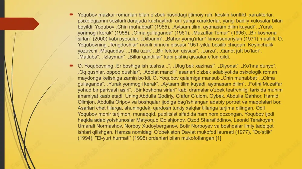 ullab-yashnashi haqida o‘tkir mulohaza yuritadi. boy madaniy va tarixiy zamin hikoyani yanada kuchaytirib, uni jozibali va tushunarli adabiyotga aylantiradi. badiiy asarda mavjud obraz turlari odil yoqubovning “qanotlar juft bo‘ladi” (“qanotlar juft bo‘ladi”) asarida turli obrazli tasvirlarni uchratish mumkin, ularning har biri hikoyani chuqurlashtirish, o‘quvchi tajribasini boyitish uchun xizmat qiladi. bularga tarixiy, fantastik, ramziy va afsonaviy tasvirlar kiradi. ish kontekstida ushbu turli xil tasvir turlarini o'rganish: 1. tarixiy tasvirlar "qanotlar juft bo'ladi" asardagi tarixiy tasvirlar hikoyani ma'lum bir madaniy va vaqtinchalik kontekstda asoslaydi. ushbu turdagi tasvirlar ko'pincha tarixiy voqealar, an'anaviy urf-odatlar va madaniy artefaktlarning batafsil tavsifini o'z ichiga oladi. misol : qahramonlar yashayotgan jamiyatni shakllantirgan an’anaviy o‘zbek liboslari, me’morchiligi va tarixiy voqealari tavsifi. bu muhim tarixiy yodgorliklar yoki xalqning o'tmishini aks ettiruvchi lahzalar tasvirlarini o'z ichiga olishi mumkin. 2. fantastik tasvirlar fantastik tasvirlar odatdagidan oshib ketadigan, ko'pincha fantaziya yoki g'ayritabiiy elementlarni o'z ichiga olgan elementlarni taqdim etadi. bu qahramonlarning orzulari, qo'rquvlari …