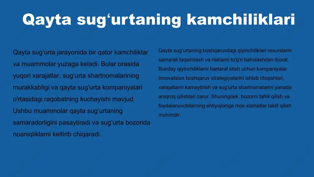 siya qayta sugʻurta sohasida muhim rol o'ynaydi. raqamli texnologiyalar, masalan, sun'iy intellekt va bulutli hisoblash, jarayonlarni samarali qilishga yordam beradi. ma'lumotlar tahlili aqlli qarorlar qabul qilishda muhimdir. avtomatlashtirish operatsion samaradorlikni oshiradi, xatolarni kamaytiradi. mijozlar bilan aloqada yangiliklar xizmat ko'rsatish sifatini yaxshilaydi. photo by clark van der beken on unsplash yangi risklarni baholash usullari yangi risklarni baholash metodologiyasi risklarni samarali boshqarishda muhim rol o'ynaydi. muammolar va o'zgaruvchilarni aniqlash jarayoni risklarni aniq baholash uchun zarur. simulyatsiya va model yaratish usullari yordamida potentsial xavflarni baholash va ularni oldini olish strategiyalarini ishlab chiqish mumkin. o'zgaruvchan bozor sharoitida moslashuvchanlikni ta'minlash uchun analitik yondashuvlarni qo'llash muhimdir. masalan, so'nggi tadqiqotlar ko'rsatadi ki, innovatsion usullar yordamida risklarni aniqlash va boshqarishda sezilarli muvaffaqiyatlarga erishilgan. barqarorlik va xavflarni boshqarish sugʻurta kompaniyalari barqarorlikni ta'minlash uchun xavflarni boshqarish mas'uliyatini o'z zimmalariga olishi zarur. buning uchun ular risklarni aniqlash, baholash va ularga mos strategiyalar ishlab chiqishlari kerak. xavflarni kamaytirish va boshqarish bo'yicha strategiyalar …