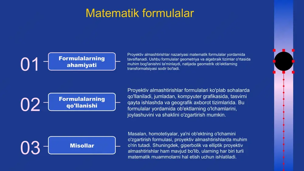 r ta'siri texnologik innovatsiyalar proyektiv almashtirishlar jarayonini tezlashtiradi. ular yangi g'oyalar va metodlarni joriy etish imkonini beradi, bu esa natijada natijalar sifatini oshiradi va xarajatlarni kamaytiradi. texnologiyalarning roli zamonaviy texnologiyalar, masalan, sun'iy intellekt va katta ma'lumotlar, proyektiv almashtirishlarni boshqarishda muhim rol o'ynaydi. ular qaror qabul qilish jarayonini soddalashtiradi va samaradorlikni oshiradi. o'zgarishlar va moslashuv kelajakda proyektiv almashtirishlar o'zgaruvchan sharoitlarga tez moslashish qobiliyatini talab qiladi. ularning muvaffaqiyati innovatsion yechimlar va strategiyalarni joriy etishga bog'liq. 01 02 03 04 proyektiv almashtirishlar: foydalanish sohalari ta'lim sohasidagi qo'llanilishi proyektiv almashtirishlar ta'lim sohasida interaktiv o'quv muhitlarini yaratish uchun qo'llaniladi. bu usul yordamida talabalar o'z bilimlarini amaliyotda qo'llash imkoniyatiga ega bo'ladi, bu esa o'qitish jarayonini samarali qiladi. iqtisodiyot sohasidagi misollar iqtisodiyotda proyektiv almashtirishlar, masalan, iqtisodiy modellarni yaratishda va iqtisodiy tahminlarda foydalaniladi. bu usul yordamida iqtisodiy jarayonlar va ularning o'zaro bog'liqligini yaxshiroq tushunish mumkin. ijtimoiy sohalardagi ta'siri ijtimoiy sohalarda proyektiv almashtirishlar ijtimoiy muammolarni hal qilishda va jamoat …