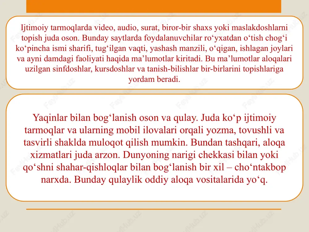 telefonda gaplashish uchun sarflashga harakat qiling! yuqorida keltirilgan ma’lumotlar ijtimoiy tarmoqlardan hech qanday naf yo‘qligini ko‘rsatadi. to‘g‘ri, ular uzoq masofada aloqalarni saqlab turish yoki anchadan buyon aloqani yo‘qotgan do‘stlaringizni topishga yordam beradi. biroq ijtimoiy tarmoqlardan shunchaki vaqtni o‘tkazish yoki undan ham yomoni kayfiyatni ko‘tarish uchun foydalanish — juda yomon g‘oya. foydalanilgan internet manbalar google.uz ziyonet.uz https://iiv.uz/news/axborot-texnologiyalari-sohasidagi-jinoyatlar-va-ulardan-himoyalanish-usullari https://www.lawyersuae.com/uz/kiber-jinoyatlar-bilan-bog%27liq-eng-katta-ishlarni-qanday-qilib-oldini-olish-mumkin/ dzen.ru image2.png image3.jpeg image4.png image5.png image6.png image7.png image8.png image9.png image10.png image11.png image12.jpeg image13.png image14.png /docprops/thumbnail.jpeg