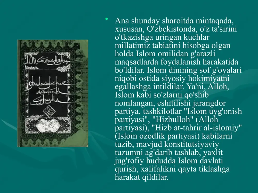 di. tasavvuf o’zbek adabiyotini ham yangi-yangi go’zal fikrlar, goyalar, obrazlar tizimi bilan boyitdi. bu adabiyotning yuksalishi va takomiliga ijobiy ta’sir ko’rsatdi. tasavvuf ta`limoyicha, bu yo`lga kirgan har bir mo`min avval muhiblik, so`ngra muridlik, keyin darveshtlik, undan keyin olimlik – oriflik, so`ng valiylik va,, nihoyat,nasib qilsa, nabiylik maqomiga yetishadi. image1.jpeg image2.jpeg image3.jpeg image4.jpeg image5.jpeg image6.jpeg image7.jpeg image8.jpeg image9.jpeg image10.jpeg image11.jpeg image12.jpeg image13.jpeg image14.jpeg image15.jpeg image16.jpeg image17.jpeg image18.jpeg image19.jpeg image20.jpeg image21.jpeg image22.jpeg image23.jpeg image24.jpeg image25.jpeg /docprops/thumbnail.jpeg