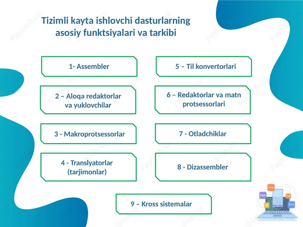 mas. c++ tili operatsion tizimlarga aloqador qisimlarni, klient-server dasturlarni, ehm oʼyinlarini, kundalik ehtiyojda qoʼllaniladigan dasturlarni va shu kabi turli maqsadlarda ishlatiladigan dasturlarni ishlab chiqarishda qoʼllaniladi. visual basic dasturlash tili - maykrosoft korporatsiyasi tomonidan ishlab chiqilgan dasturlash tili va uning uchun dasturlash muhitidir. u basic dan koʼp funktsialligi va grafik koʼrinishga ega ekanligi bilan farqlanadi. actionscript dasturlash tili - obʼektga yoʼnaltirilgan dasturlash tili, flash ilovalar bilan ishlash, sfw va boshqa web sahifadgi flash ilovalar yaratishda qoʼllaniladi. actionscript flash player ning bir qismidir u virtual mashina (actionscript virtual mashinasi) tomonidan amalga oshiriladi. actionscript yordamida interaktiv multimedia dasturlar, oʼyinlar, web-sahifalar yaratiladi. actionscript flashning boshqaruv tilidir. actionscriptning yangi versiyalari oʼzining oldingi flash versiyasidan farq qiladi. flashning boshlangʼich versiyalarida buyruqlar chegaralangan boʼlib, noqulay interfeysga ega edi. u faqat asosiy harakatlar uchun ishlatilar edi. soʼnggi versiyalarida esa buyruqlar soni koʼpaytirilib, interfeysi esa keltirildi. actionscript yoki klaviaturadan juda qulay koʼrsatkichi harakatlarni koʼrinishga yordamida boshqarish va maʼlum kadrdagi …
