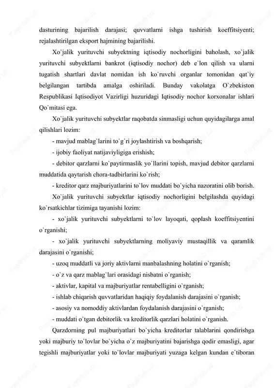sh koeffitsiyentini o`rganishi; - xo`jalik yurituvchi subyektlarning moliyaviy mustaqillik va qaramlik darajasini o`rganishi; - uzoq muddatli va joriy aktivlarni manbalashning holatini o`rganish; - o`z va qarz mablag`lari orasidagi nisbatni o`rganish; - aktivlar, kapital va majburiyatlar rentabelligini o`rganish; - ishlab chiqarish quvvatlaridan haqiqiy foydalanish darajasini o`rganish; - asosiy va nomoddiy aktivlardan foydalanish darajasini o`rganish; - muddati o`tgan debitorlik va kreditorlik qarzlari holatini o`rganish. qarzdorning pul majburiyatlari bo`yicha kreditorlar talablarini qondirishga yoki majburiy to`lovlar bo`yicha o`z majburiyatini bajarishga qodir emasligi, agar tegishli majburiyatlar yoki to`lovlar majburiyati yuzaga kelgan kundan e`tiboran uch oy davomida qarzdor tomonidan bajarilmagan bo`lsa, uning bankrotlik alomatlari deb e`tirof etiladi. korxonalarning moliyaviy iqtisodiy ahvoli monitoringi va tahlilini o`tkazish mezonlarini aniqlash tartibiga muvofiq korxonalar moliyaviy-iqtisodiy holati bo`yicha quyidagi guruhlarga bo`linadi: - iqtisodiy barqaror; - iqtisodiy tahlikali (xavf-xatarli); - iqtisodiy nobarqaror*-**: *to`lovga qobilligini tiklash imkoniga ega bo`lgan korxonalar; **to`lovga qobilligini tiklash imkoniga ega bo`lmagan korxonalar. xo`jalik yurituvchi subyektlarning iqtisodiy holatini baholash …