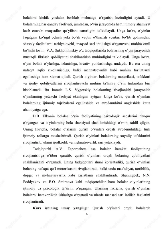 o‘rganiladi. bu tadqiqotda aynan qurish o‘yinlarining bolalarning mehnat faoliyatiga bo‘lgan munosabatini shakllantirishdagi o‘rni va ta’siri ilmiy asoslangan holda tahlil qilinadi. bolalar psixologiyasiga oid ilmiy ishlanmalar va zamonaviy pedagogik texnologiyalar asosida yangi yondashuvlar ishlab chiqiladi. shu bilan birga, qurish o‘yinlarining mehnatsevarlik tarbiyasidagi motivatsion va ijtimoiy ahamiyati o‘rganilib, yangi metodik tavsiyalar taklif etiladi. shuningdek, mahalliy va xorijiy tajriba o‘rganilib, taqqoslash orqali eng samarali usullar aniqlanadi. o‘yin orqali mehnat ko‘nikmalarini shakllantirishning amaliy jihatlari tahlil qilinadi va bu boradagi ilmiy qarashlar chuqurlashtiriladi. kurs ishining farazi: agar qurish o‘yinlari maqsadli va tizimli ravishda bolalarning ta’lim-tarbiyasiga joriy etilsa, ularda mehnatsevarlik, ijodkorlik va mustaqil fikrlash ko‘nikmalari shakllanadi hamda kelajakdagi mehnat faoliyatiga ijobiy ta’sir ko‘rsatadi. kurs ishining metodlari: tahlil, taqqoslash, kuzatish, eksperimental, diagnostik, statistik, pedagogik tajriba, suhbat metodlari. kurs ishining tuzilishi: kirish, 2 bob, asosiy qism, xulosa va tavsiyalar, foydalanilgan adabiyotlar ro‘yxati va ilovalar va _____ sahifadan iborat. i. bob. qurish o‘yinlari va mehnatsevarlik tarbiyasining nazariy asoslari. 1.1. …