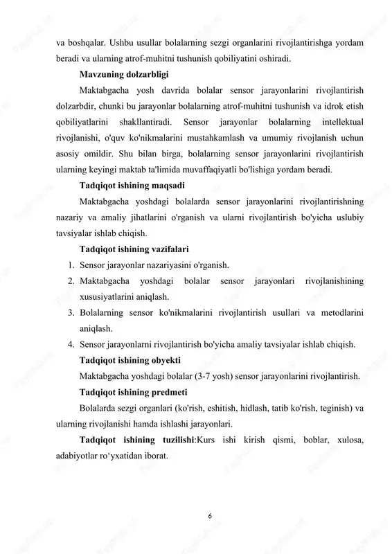 ta’sir ko’rsatishdir. sensorli tarbiya - bu maqsadga muvofiq ravishda takomillashtirish, bolalarda hissiy jarayonlar (sezgi, idrok, tasavvurlar) ning rivojlanishini anglatadi. maktabgacha yoshdagi bolalarning sensor tarbiyasi vazifalari: 1) bolalarda pertseptiv (tadqiqotlilik) harakatlar tizimini shakllantirish; 2) bolalarda cencorli etalonlar tizimini shakllantirish; 3) bolalarda pertseptiv harakatlar tizimi va cencorli etalonlar tizimini mustaqil ravishda qo’llash qobiliyatini shakllantirish: amaliy faoliyatga etalonlarni bilish faoliyatiga bog’liq holda. sensorli tarbiyaning mazmuni - bu maktabgacha yoshdagi bola tomonidan o’zlashtiriladigan bir qator xususiyatlar va fazilatlar, predmet va ko’rinishlarni o’z ichiga oladi. amaliy harakatlarni muvaffaqiyatli amalga oshirish, nima qilish kerakligini oldindan anglash va tahlil qilishga bog’liq. predmetlarni idrok etish, ularni tahlil qilish, taqqoslash, umumlashtirish qobiliyati ma’lum bir faoliyat jarayonida o’zo’zidan shakllanmaydi; bunda ma’lum bir tizimda maxsus o’qitilishni talab etadi. shunday qilib, predmetlar shakli, o’lchamini, rangini, materiallarini, qismlarini va ularning fazoviy munosabatlarini, predmetning boshqalarga nisbatan harakat tezligi va yo’nalishini, predmetlarning o’lchamiga nisbati, predmetlarning uzoqligi va boshqalarni ta’kidlash muhim ahamiyatga ega. har bir yoshda …