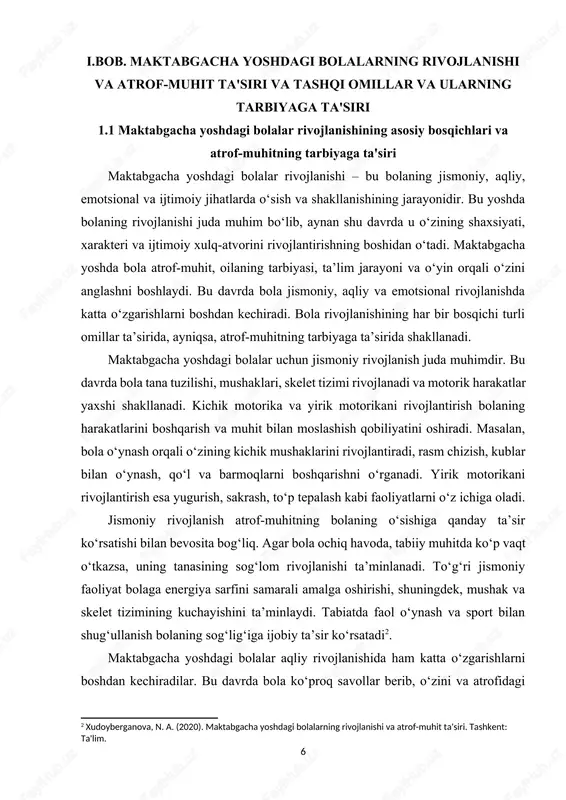 juda muhim bo‘lib, aynan shu davrda u o‘zining shaxsiyati, xarakteri va ijtimoiy xulq-atvorini rivojlantirishning boshidan o‘tadi. maktabgacha yoshda bola atrof-muhit, oilaning tarbiyasi, ta’lim jarayoni va o‘yin orqali o‘zini anglashni boshlaydi. bu davrda bola jismoniy, aqliy va emotsional rivojlanishda katta o‘zgarishlarni boshdan kechiradi. bola rivojlanishining har bir bosqichi turli omillar ta’sirida, ayniqsa, atrof-muhitning tarbiyaga ta’sirida shakllanadi. maktabgacha yoshdagi bolalar uchun jismoniy rivojlanish juda muhimdir. bu davrda bola tana tuzilishi, mushaklari, skelet tizimi rivojlanadi va motorik harakatlar yaxshi shakllanadi. kichik motorika va yirik motorikani rivojlantirish bolaning harakatlarini boshqarish va muhit bilan moslashish qobiliyatini oshiradi. masalan, bola o‘ynash orqali o‘zining kichik mushaklarini rivojlantiradi, rasm chizish, kublar bilan o‘ynash, qo‘l va barmoqlarni boshqarishni o‘rganadi. yirik motorikani rivojlantirish esa yugurish, sakrash, to‘p tepalash kabi faoliyatlarni o‘z ichiga oladi. jismoniy rivojlanish atrof-muhitning bolaning o‘sishiga qanday ta’sir ko‘rsatishi bilan bevosita bog‘liq. agar bola ochiq havoda, tabiiy muhitda ko‘p vaqt o‘tkazsa, uning tanasining sog‘lom rivojlanishi ta’minlanadi. to‘g‘ri jismoniy …