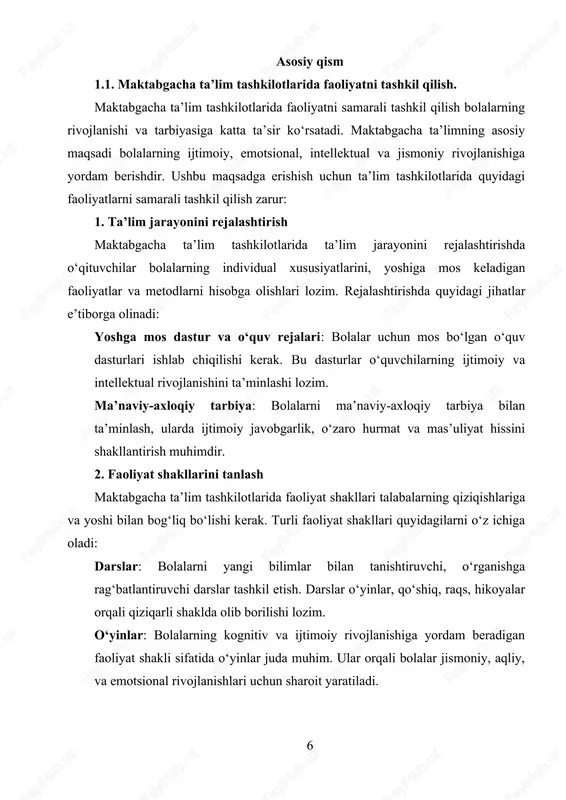 bildirilib, ular uchun qo‘shimcha yordam va qo‘llab-quvvatlash taklif etiladi. 7. sog‘lom turmush tarzini targ‘ib qilish maktabgacha ta’lim tashkilotlarida bolalarda sog‘lom turmush tarzini shakllantirish muhimdir. bu faqat jismoniy faoliyatni o‘tkazish bilan cheklanmaydi, balki bolalarni to‘g‘ri ovqatlanish, toza va sog‘lom atrof-muhitda yashash, stressni boshqarish kabi ko‘nikmalar bilan ham tanishtiradi. maktabgacha ta’lim tashkilotlarida faoliyatni samarali tashkil qilish uchun tizimli va rejalashtirilgan yondashuv zarur. bu bolalarning rivojlanishiga yordam beradigan, ularning kreativlik, ijtimoiy ko‘nikmalarini rivojlantiradigan va ekologik ongini oshiradigan ta’lim muhitini yaratishga imkon beradi. har bir bolaga individual yondashuvni qo‘llash, o‘yin, ijodiy faoliyatlar va sog‘lom turmush tarzini targ‘ib qilish orqali bolalar bilan samarali ishlash mumkin. shuningdek, maktabgacha ta’lim tashkilotlarida faoliyatni tashkil qilish, bolalarning rivojlanishi uchun zarur bo‘lgan pedagogik yondashuvlarni qo‘llash va ularning ijtimoiy, emotsional, intellektual va jismoniy jihatdan to‘g‘ri o‘sishiga yordam berishni anglatadi. bu jarayonni samarali tashkil qilish uchun quyidagi faoliyatlar va ishlar amalga oshiriladi: 1. ta’lim dasturlari va rejalari ishlab chiqish maktabgacha ta’limda asosiy …
