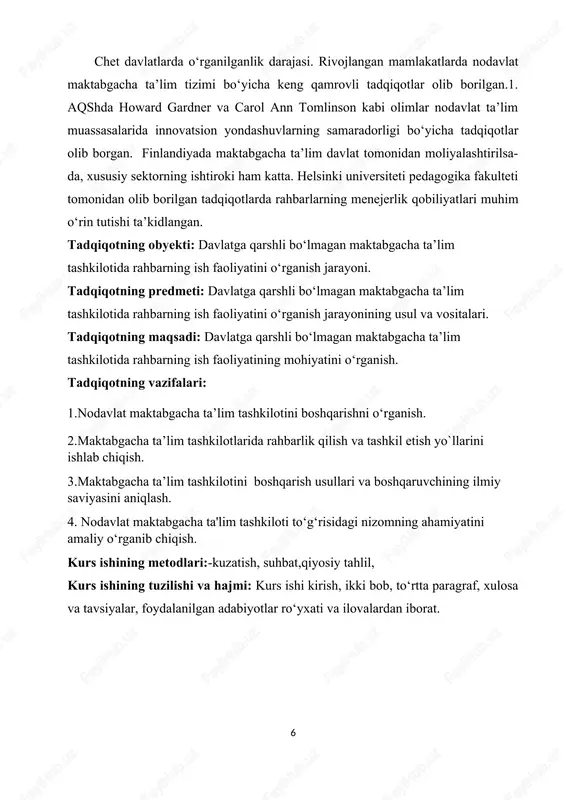 quyidagilar nodavlat maktabgacha ta’lim muassasasining vazifalari hisoblanadi:ta’lim-tarbiya jarayoniga zamonaviy ta’lim dasturlari va texnologiyalarini joriy etish;bolalarning hayotini muhofaza qilish va sog‘lig‘ini mustahkamlash. o‘zbekiston respublikasi prezidentining “maktabgacha ta’lim tizimini boshqarishni takomillashtirish chora-tadbirlari to‘g‘risida”gi pq-3955-sonli qarori (2018-yil 30-sentyabr). bola shaxsini sog‘lom va yetuk, maktabda o‘qishga tayyorlangan tarzda shakllantirish; bolaning intellektual, axloqiy, estetik va jismoniy rivojlanishini ta’minlash; bolaning rivojlanishidagi (nutqida, ko‘rishida, eshitishida) yengil nuqsonlarni korrektsiyalashni amalga oshirish; bolalarda xalqimizning yuksak ma’naviyati va insonparvarlik an’analariga sadoqat tuyg‘ularini shakllantirish. 3-bob. nodavlat maktabgacha ta’lim tashkiloti faoliyatini tashkil etish 6. nodavlat maktabgacha ta’lim tashkiloti qonun hujjatlariga muvofiq muassasa shaklida tashkil etiladi. davlat maktabgacha ta’lim tashkilotining muassislari toifasiga kirmaydigan barcha yuridik va jismoniy shaxslar nodavlat maktabgacha ta’lim muassasasining muassislari bo‘lishi mumkin. 7. nodavlat maktabgacha ta’lim tashkiloti qonun hujjatlariga muvofiq belgilangan tartibda litsenziya olgan vaqtdan boshlab ta’lim faoliyatini amalga oshirish huquqiga ega bo‘ladi. 8. o‘zbekiston respublikasining “ta’lim to‘g‘risida”gi qonuniga muvofiq, nodavlat maktabgacha ta’lim tashkilotini akkreditatsiya qilish vakolatli davlat organi tomonidan …