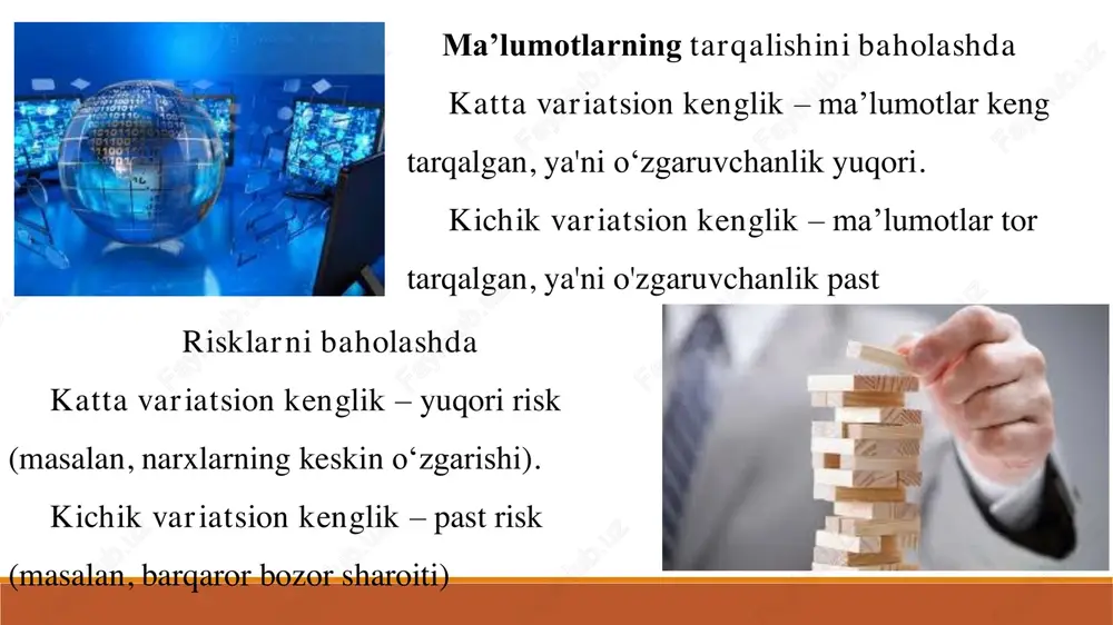 tni nazorat qilish: mahsulotlar sifati orasidagi o„zgarishlarni aniqlashda quydagi jadval ma‘lumotlari asosida variatsiya ko‘rsatkichlarini hisoblaymiz. ish normasini bajarganlar bo‘yicha guruhlar, % sotuvchilar soni, (f) intervalning o‘rtacha qiymati, x xf 90-100 28 95 2660 -10 100 2800 100-110 48 105 5040 0 - - 110-120 20 115 2300 +10 100 2000 120-130 4 125 500 +20 400 1600 jami 100 - 10500 - 6400 birinchi navbatda o‘rtacha norma bajarilishini aniqlaymiz: %105 100 10500 4204828 50230050402660 4204828 412520115481052895           f xf x dispersiyani aniqlaymiz. 64 100 6400)( 2 2     f fxx  o‘rtacha kvadratik chetlanish teng: 864 100 6400)( 2     f fxx  variatsiya koeffitsientini hisoblaymiz: %62,7 105 1008100      x v  assimmetriya (inglizcha: skewness) - bu statistikada ma'lumotlar taqsimotining simmetriyadan og'ish darajasini ko'rsatuvchi ko'rsatkich hisoblanadi. boshqacha qilib aytganda, assimmetriya …