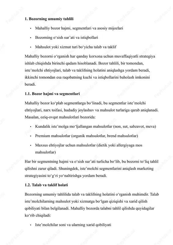 otgan faoliyatni kuzatib borish imkonini beradi. mahalliy raqobatchilarni tahlil qilish jarayoni quyidagi bosqichlarni o‘z ichiga oladi: 2.1. raqobatchilarni aniqlash mahalliy bozorni tahlil qilishning birinchi bosqichi – asosiy raqobatchilarni aniqlashdir. bu bosqichda quyidagilar amalga oshiriladi: · bozor segmentlari bo‘yicha raqobatchilar ro‘yxatini tuzish (masalan, mahsulot turi, xizmat turi, narx bo‘yicha segmentlash). · raqobatchilarni birlamchi va ikkilamchi sifatida tasniflash: · birinchi darajali raqobatchilar – to‘g‘ridan-to‘g‘ri korxonaning asosiy mahsuloti yoki xizmatiga raqobat qiluvchi kompaniyalar. · ikkinchi darajali raqobatchilar – o‘xshash mahsulot yoki xizmatlar orqali bozorda noaniq raqobat yaratadigan subyektlar. · raqobatchilarning joylashuvi, sotuv kanallari va marketing strategiyasini aniqlash. misol: agar siz oziq-ovqat mahsulotlari bozorida faoliyat yuritsangiz, birinchi darajali raqobatchilar – mahalliy supermarketlar va do‘konlar, ikkinchi darajali raqobatchilar – kichik kiosklar yoki onlayn yetkazib berish xizmatlari bo‘lishi mumkin. 2.2. raqobatchilarning asosiy ko‘rsatkichlarini tahlil qilish raqobatchilarni tahlil qilishda quyidagi ko‘rsatkichlar muhim ahamiyatga ega: 1. bozor ulushi – raqobatchining bozordagi umumiy sotuv hajmi yoki ulushi. 2. narxlar …
