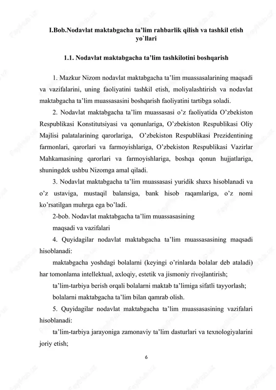 iga, ovqatlanish rejimi va sifatiga rioya qilinishi uchun javob beradilar. nodavlat maktabgacha ta’lim muassasasi xodimlarini tibbiy ko’rikdan o’tkazish shartnoma asosida amalga oshiriladi. 13. nodavlat maktabgacha ta’lim muassasasi ta’limning uzluksizligini ta’minlash maqsadida shartnoma asosida o’z faoliyatini umumiy o’rta ta’lim muassasalari bilan birgalikda amalga oshirishi mumkin. 14. maktabgacha ta’limga qamrab olinmagan bolalarni maktab ta’limiga tayyorlash, ularni har tomonlama intellektual, axloqiy, estetik va jismoniy rivojlantirish maqsadida nodavlat maktabgacha ta’lim muassasalarida qisqa muddatli guruhlar tashkil etiladi. nodavlat maktabgacha ta’lim muassasalarida qisqa muddatli guruhlar uchun 4 soatli ish tartiblari joriy etiladi. 15. nodavlat ta’lim muassasalarida qisqa muddatli guruhlar qonun hujjatlariga muvofiq olingan litsenziya asosida muassis qarori bilan tashkil etiladi. 16. nodavlat maktabgacha ta’lim muassasasida tashkil etilgan qisqa muddatli guruhlarda moddiy-texnik va kadrlar ta’minoti muassis tomonidan belgilanadi. 17. nodavlat maktabgacha ta’lim muassasasida qisqa muddatli guruhlarni qayta tashkil etish yoki tugatish qonun hujjatlarida belgilangan tartibda muassisning qaroriga muvofiq amalga oshiriladi. 4-bob. nodavlat maktabgacha ta’lim muassasasiga bolalarni qabul …